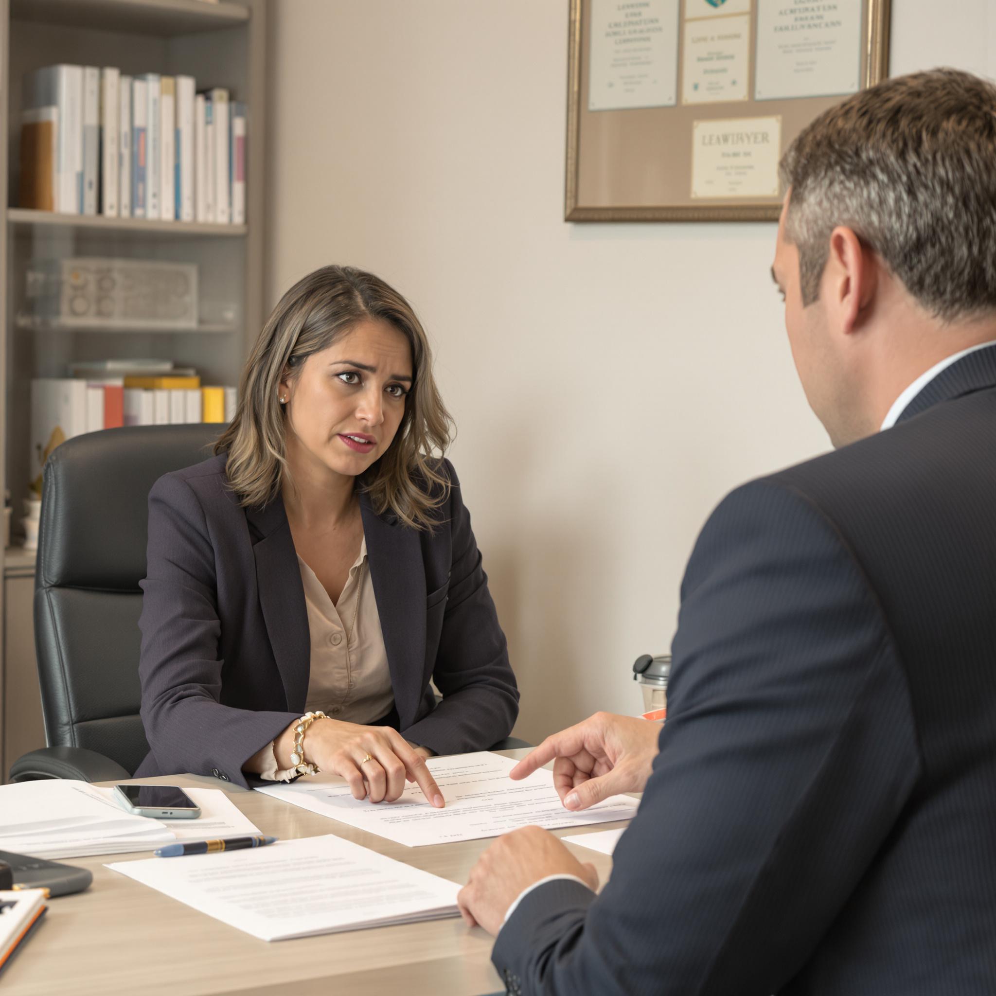 A distressed woman consults a lawyer about annulling her marriage due to bigamy, reviewing legal documents in a professional office.