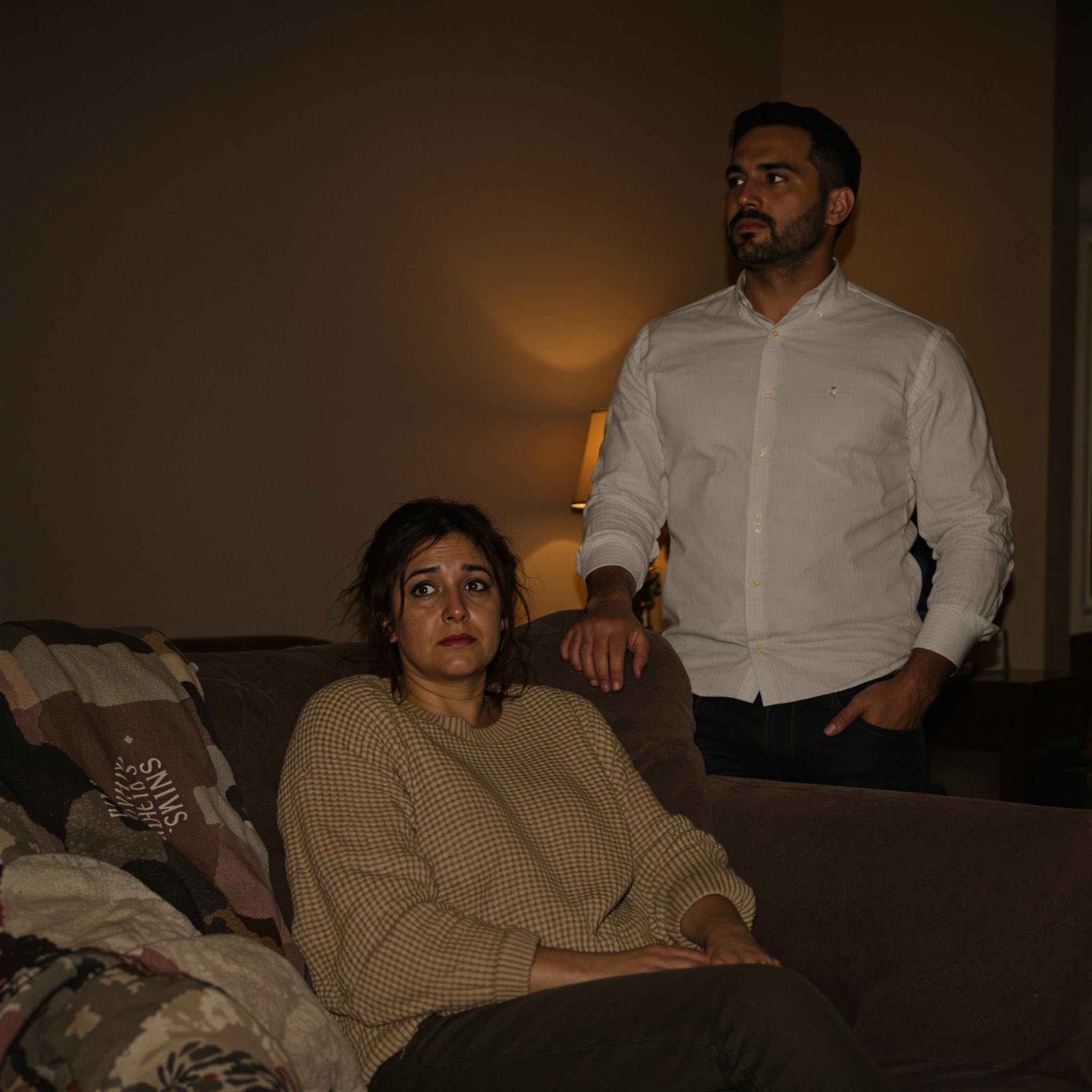 **Alt Text:** A weary woman sits on a couch, lost in thought, while a concerned man stands nearby in a dimly lit living room.