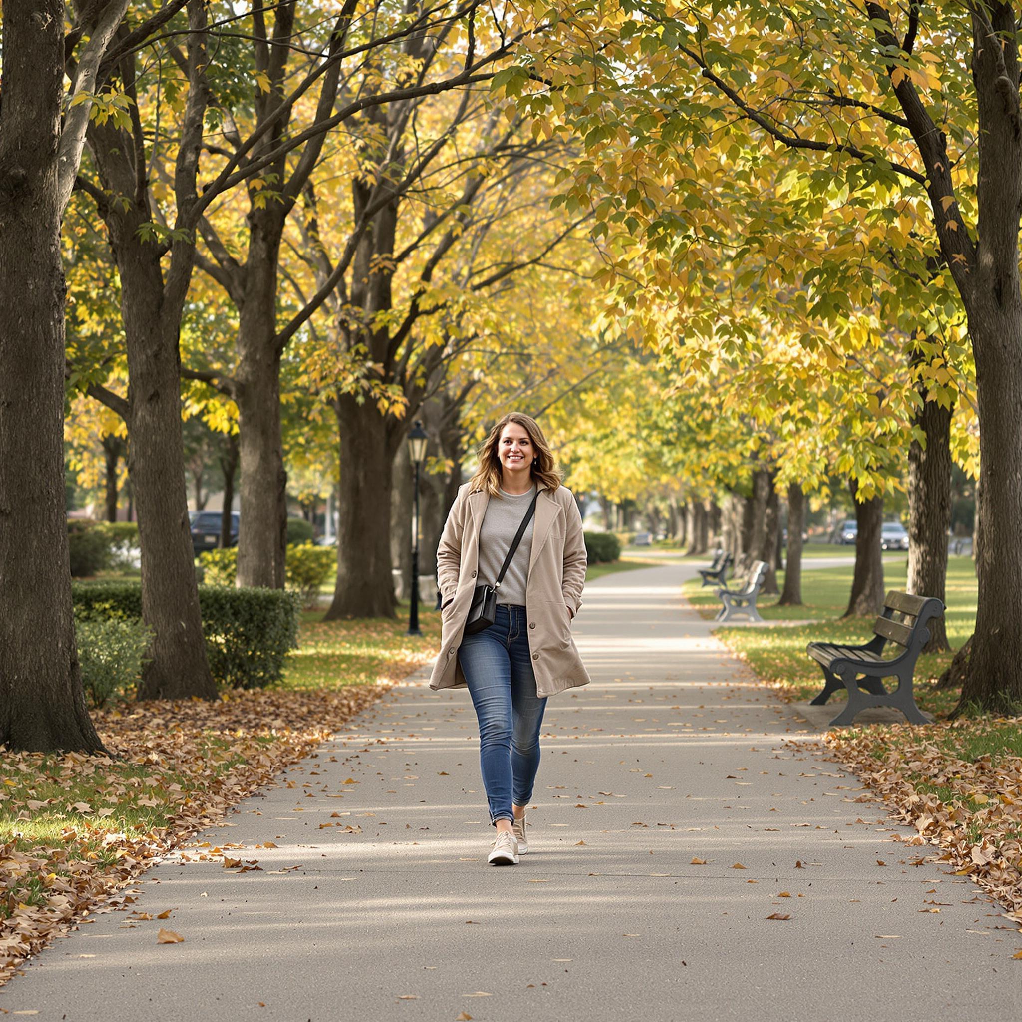 A woman walks alone on a tree-lined path in the late afternoon, reflecting on her future amid warm autumn light.