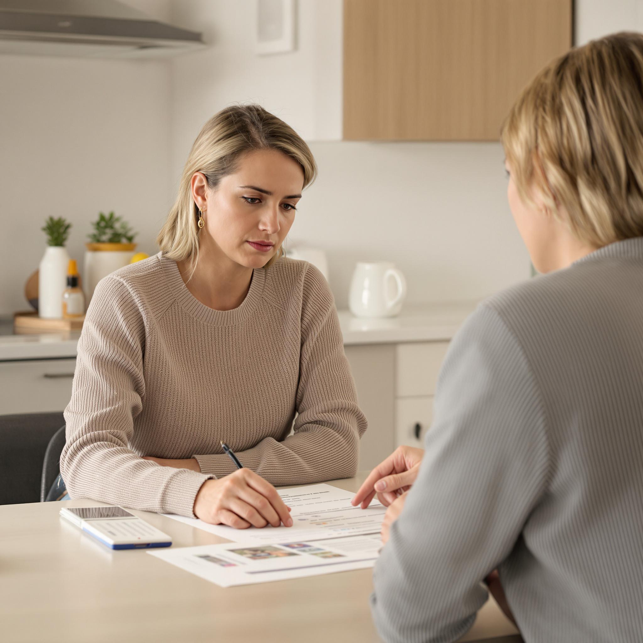 **Alt Text:** A concerned woman reviews financial statements at her kitchen table while a supportive friend listens attentively.