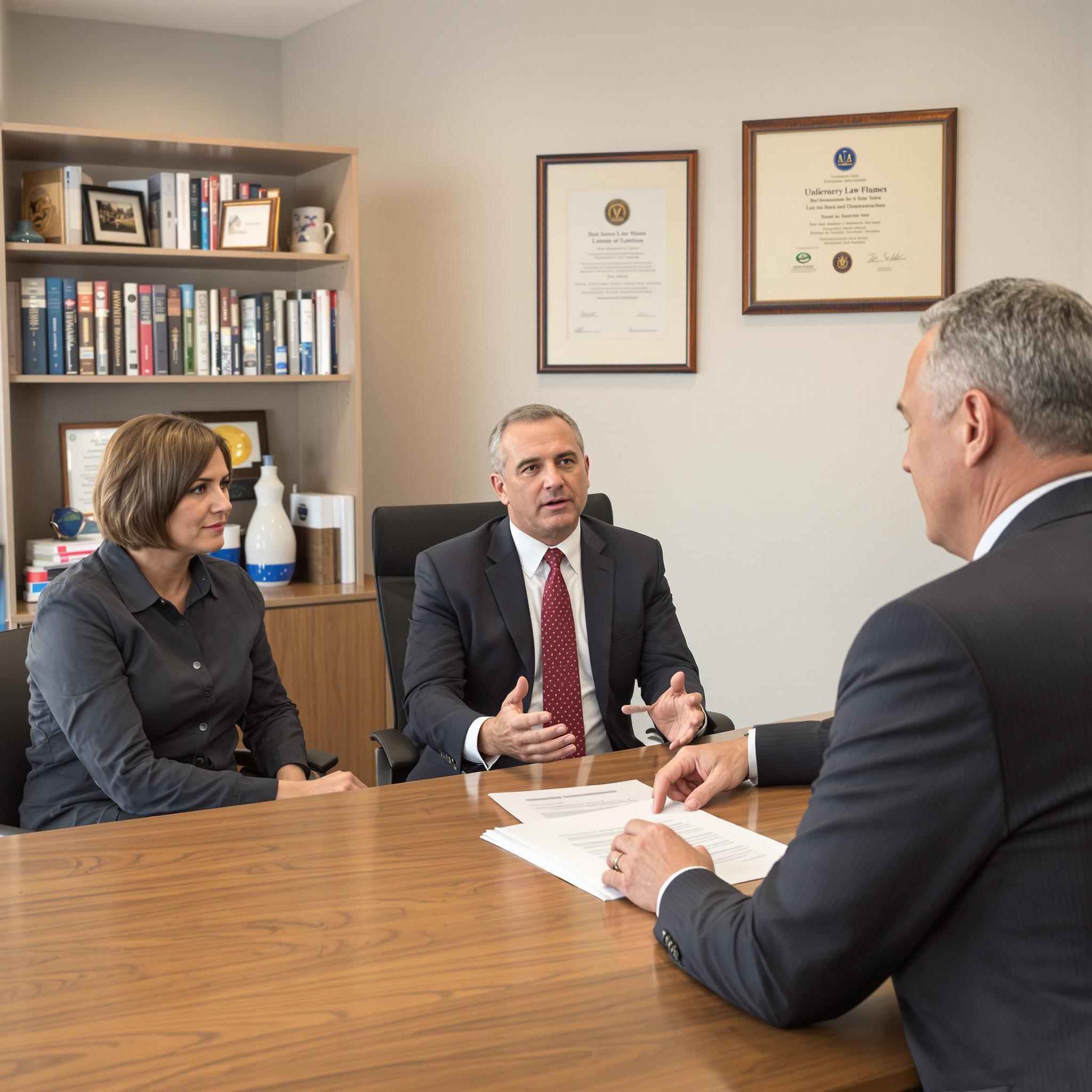 A divorcing couple consults a lawyer about property division in a professional office, appearing serious and contemplative.