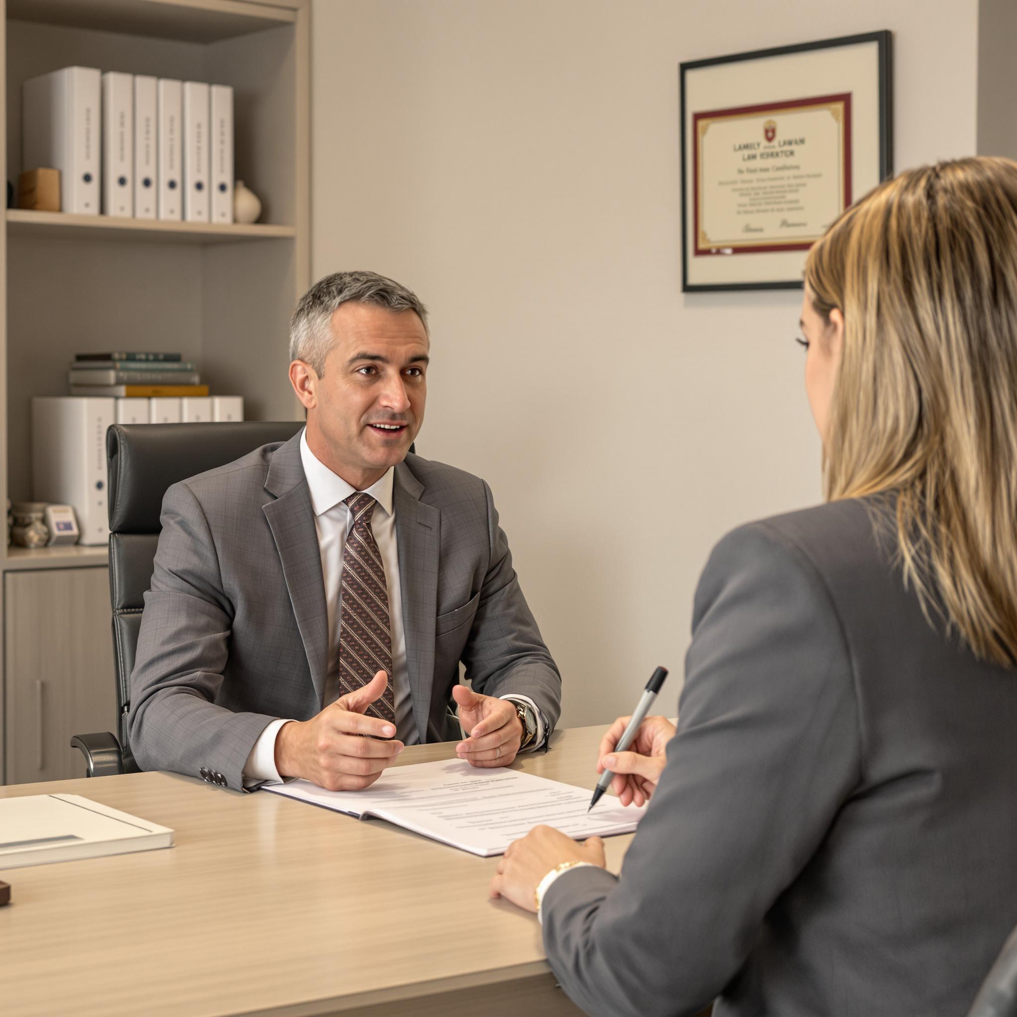 Alt Text: A concerned woman consults a family law attorney in a professional office, discussing legal options in a supportive setting.
