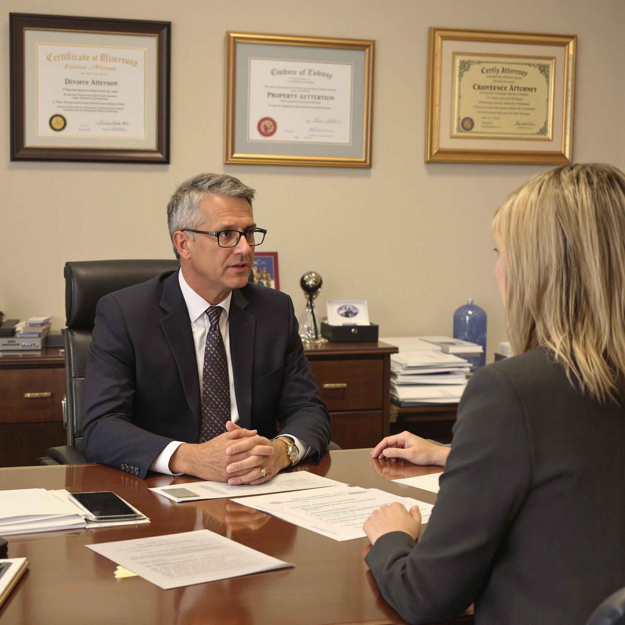 A divorce attorney discusses property division with a concerned client in a professional office setting.