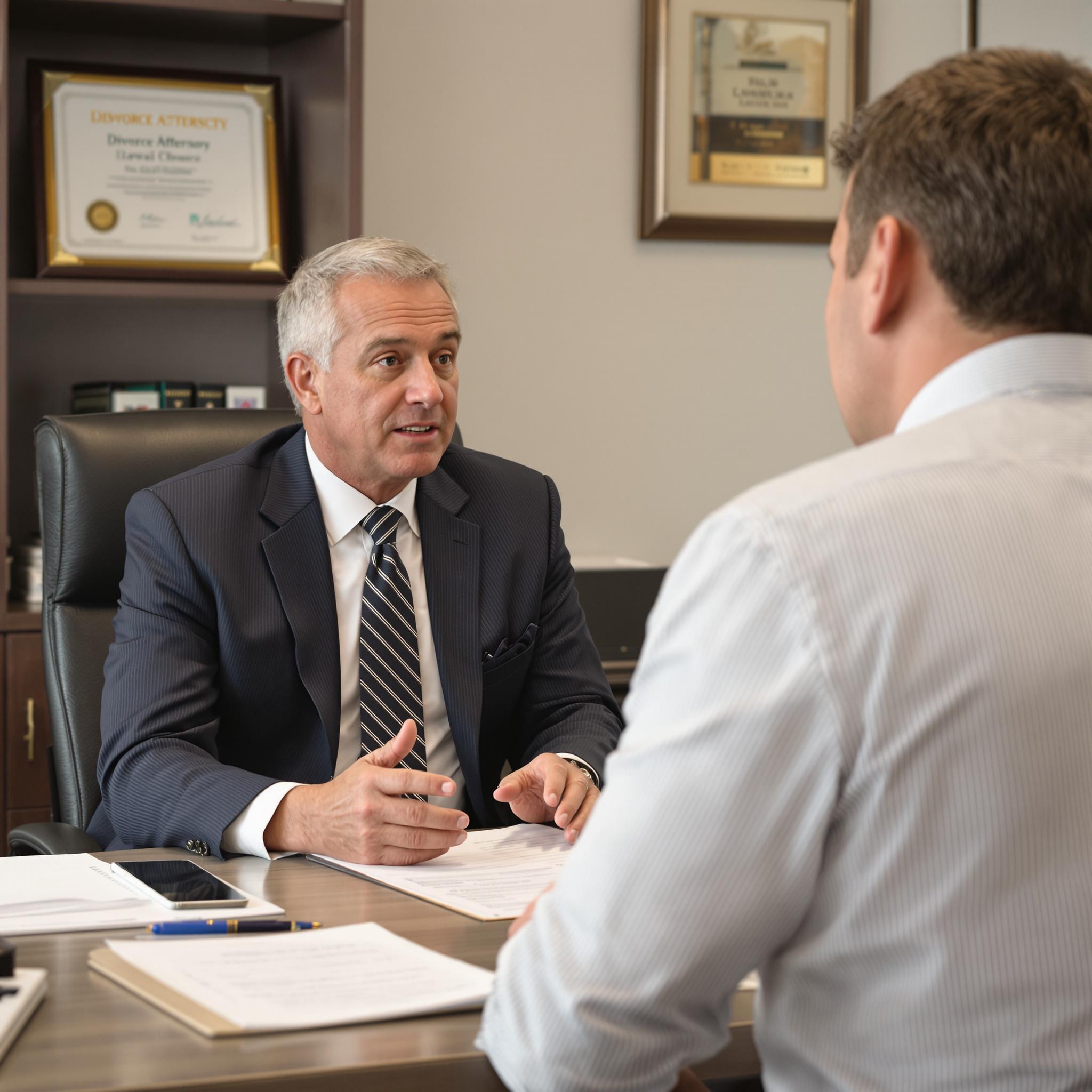 A divorce attorney in a dark suit consults with a concerned client in a law office, discussing legal strategy in a professional setting.