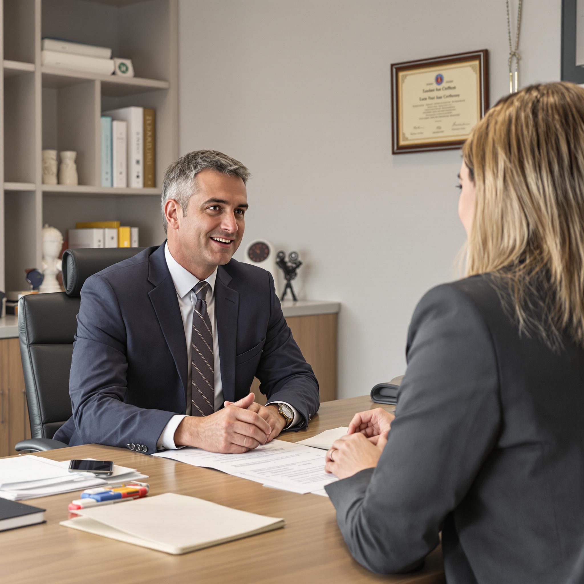 A lawyer discusses annulment options with a client in a well-lit, professional office, with legal documents and books in the background.