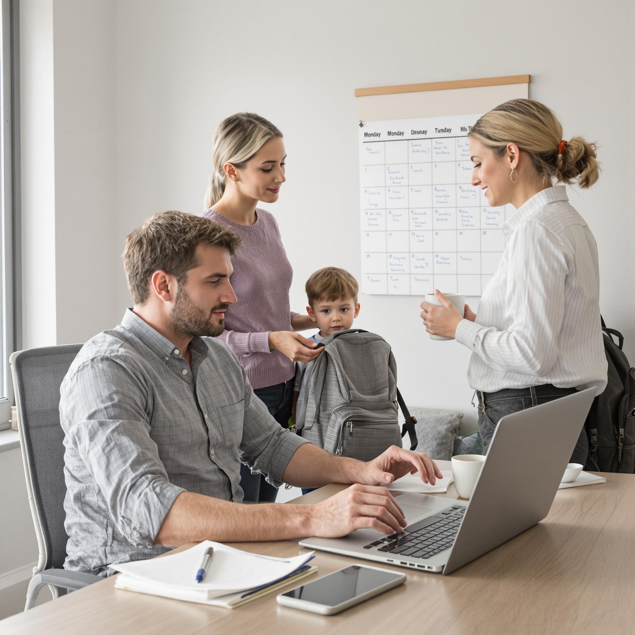 **Alt Text:** A father works remotely while his co-parent checks schedules and their child gets ready for school in a shared home workspace.