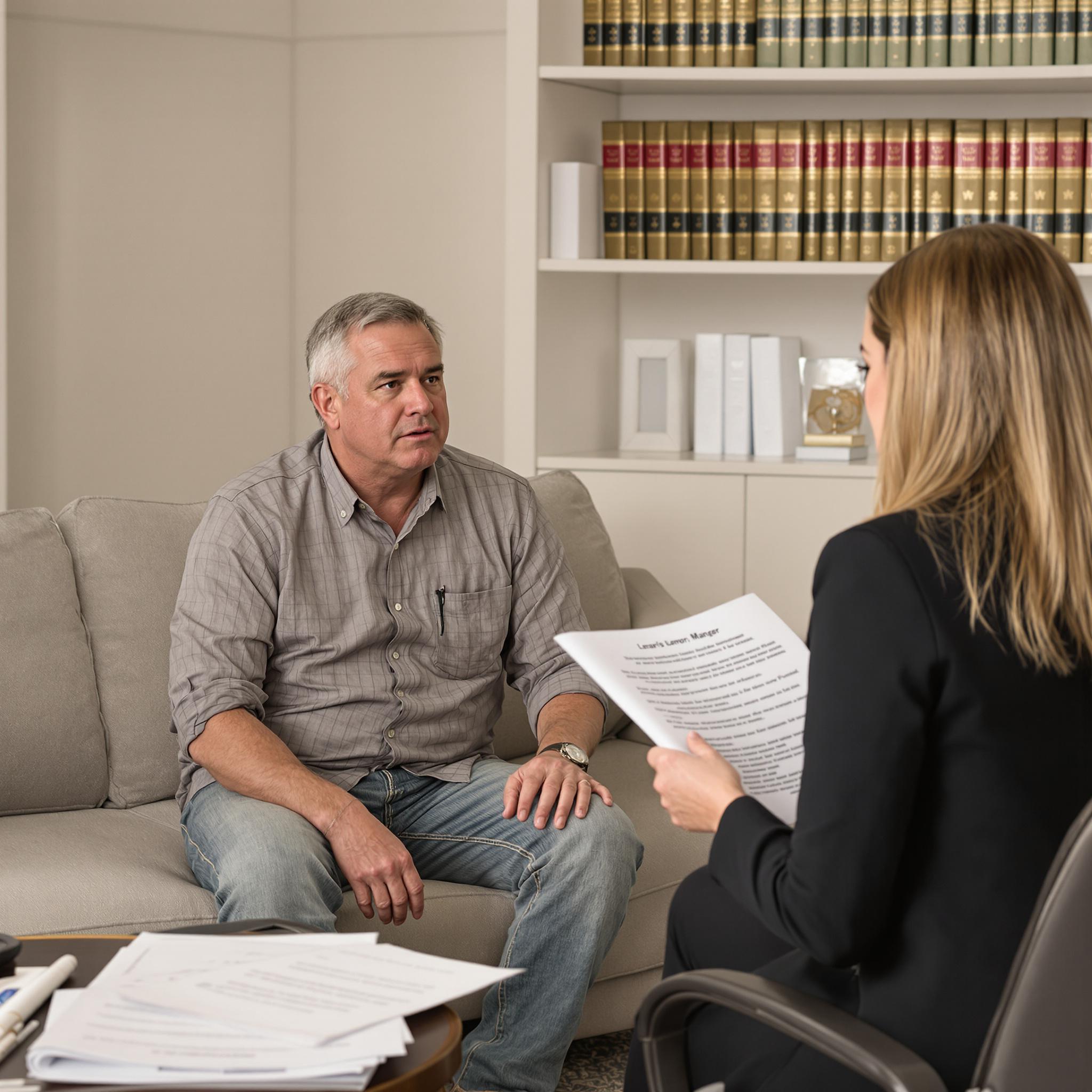 A concerned father sits on a couch, listening to a serious lawyer who reviews legal documents with him in a professional office setting.