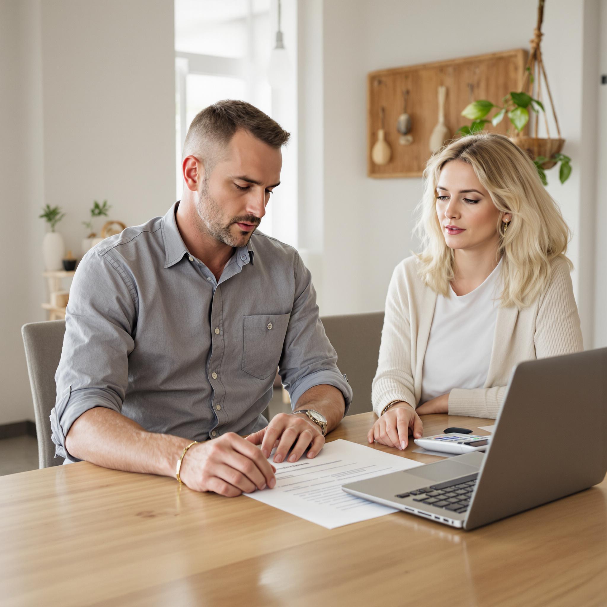 A divorcing couple discusses financial decisions about their home at a dining table.