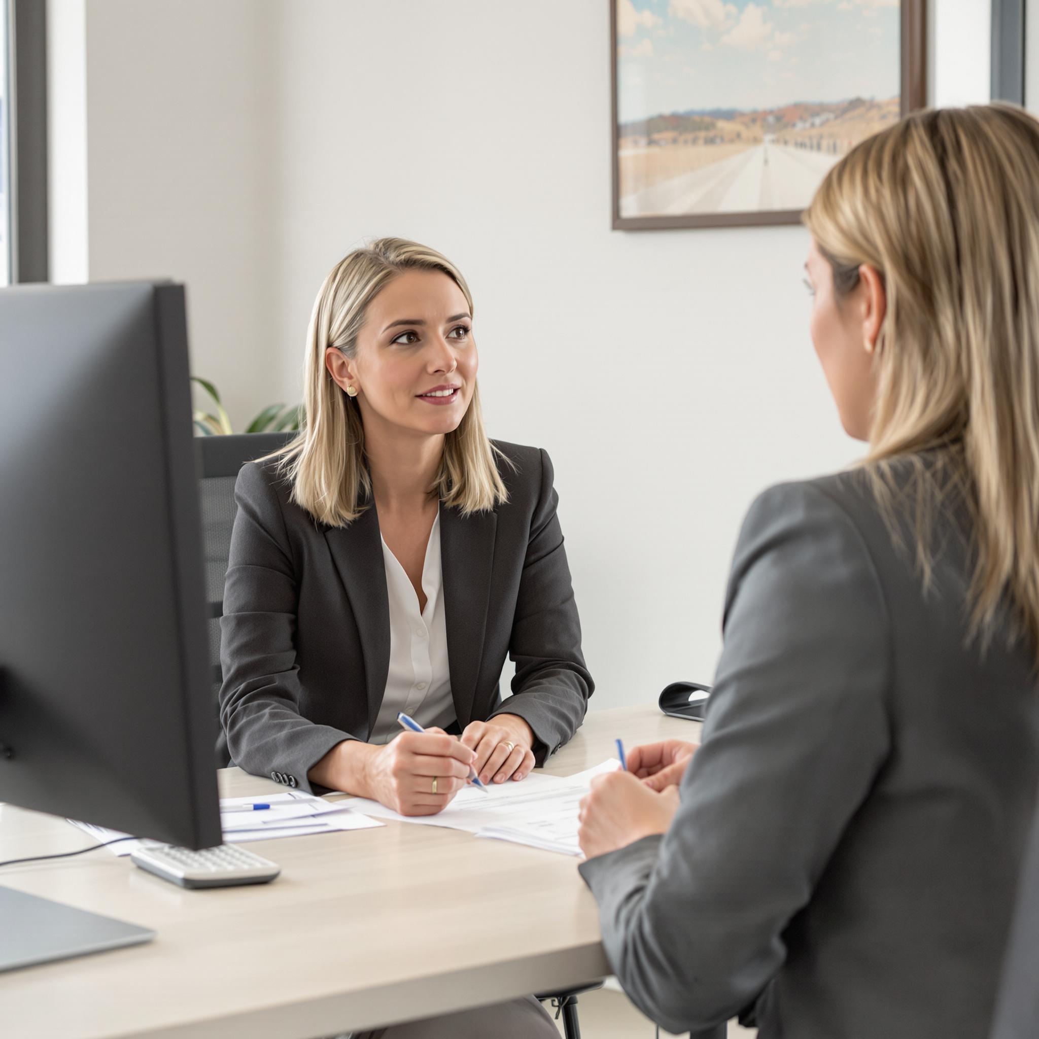 A woman consults an insurance advisor about post-divorce health coverage in a professional office setting.