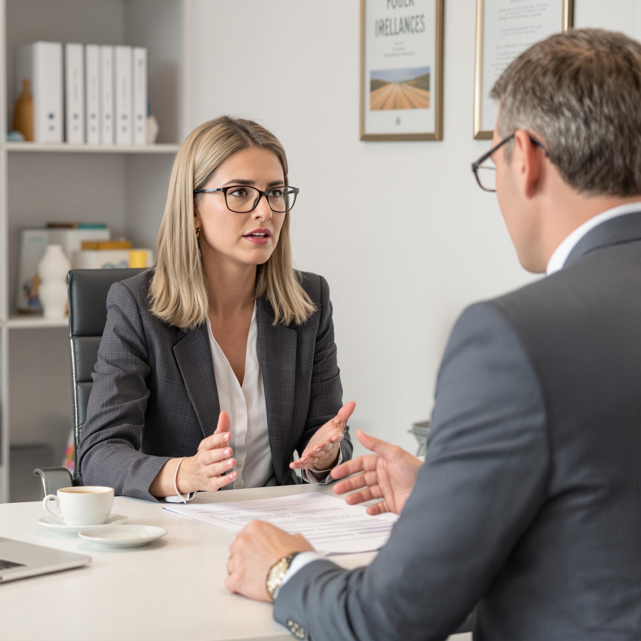 A woman consults an insurance advisor about health coverage options after divorce in a professional office setting.