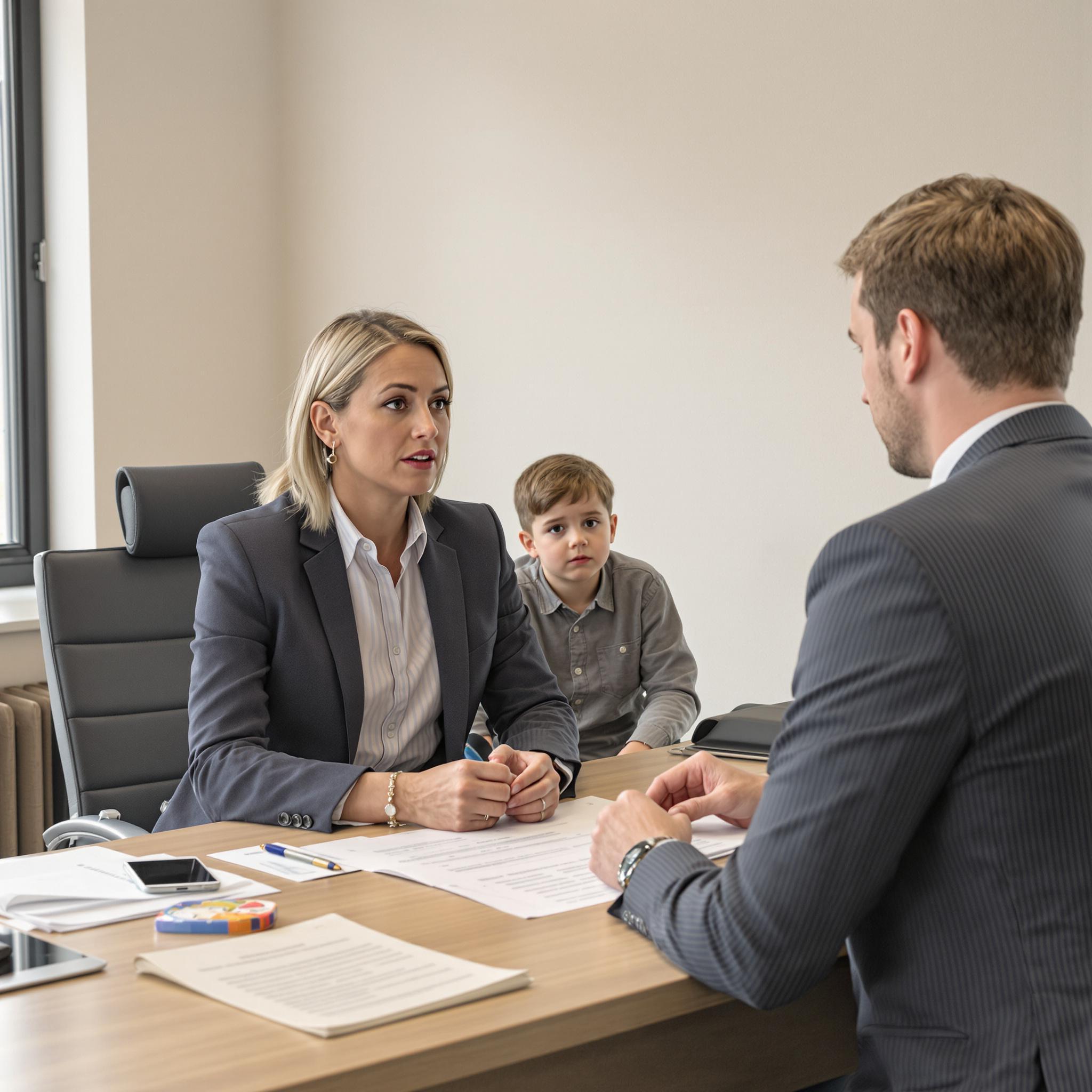 A family law attorney advises a concerned father about health insurance for his child post-divorce in a professional office setting.