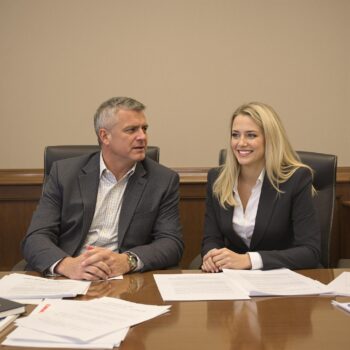 A frustrated man sits across from his ex-spouse and her lawyer, who appear engaged and confident, highlighting an unfair legal dynamic.