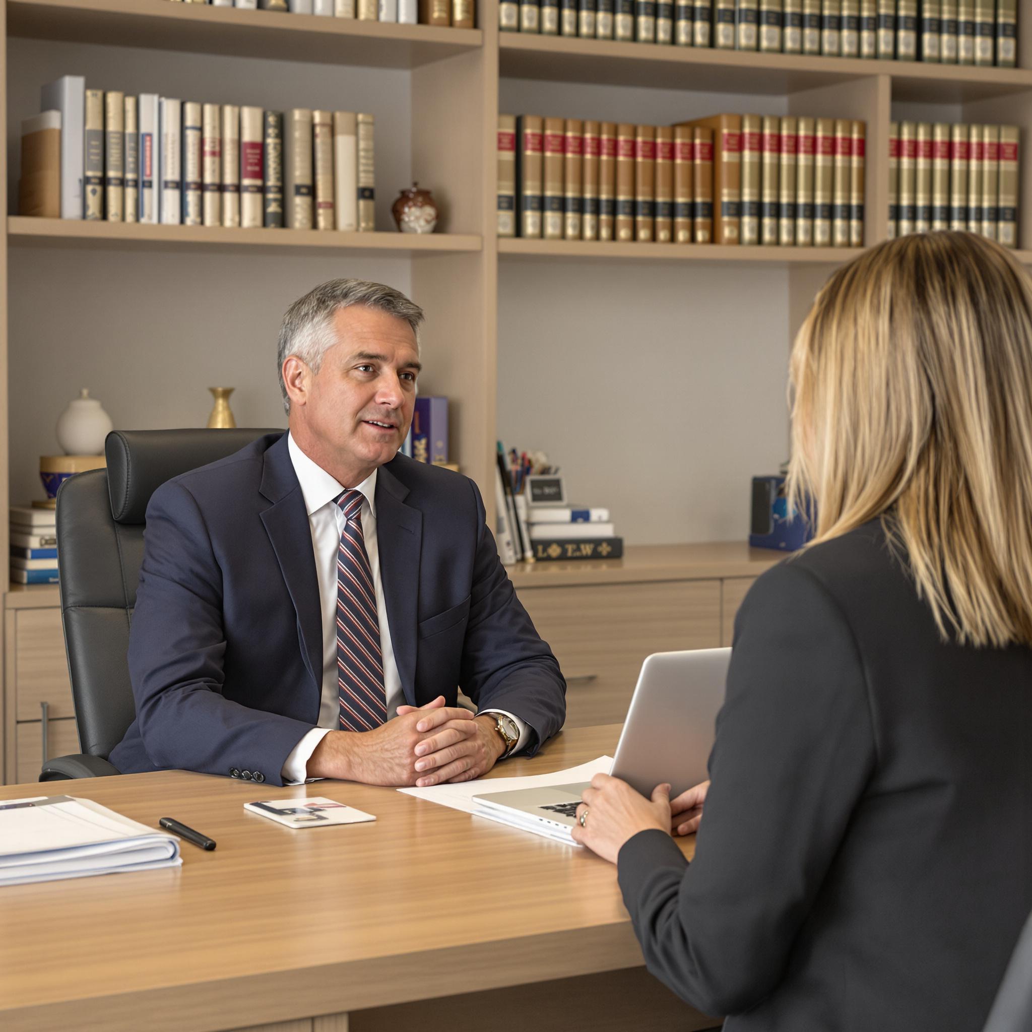 A lawyer in a suit discusses legal matters with a female client in a modern office, both engaged in a focused conversation.