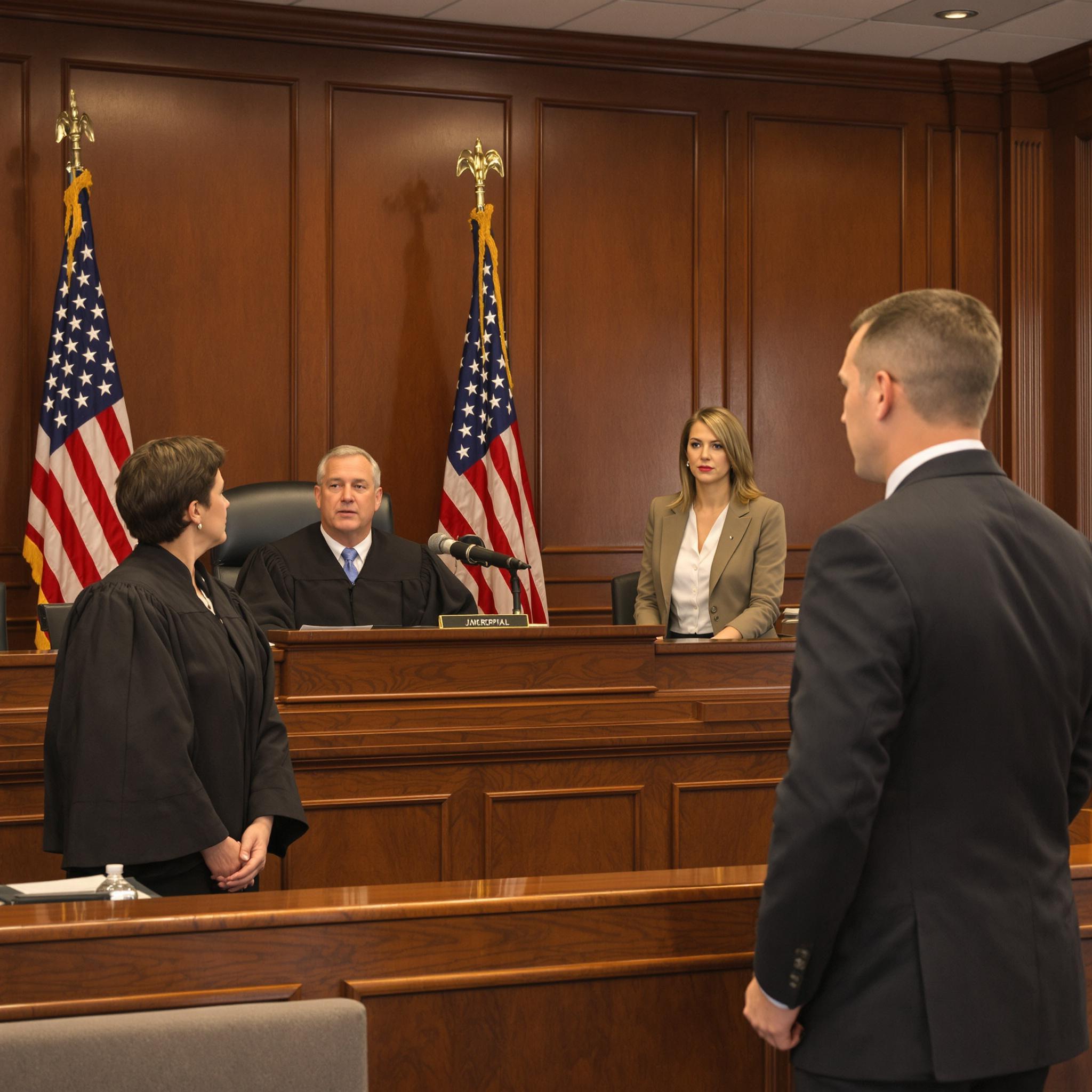**Alt Text:** A judge listens as an attorney presents arguments during an annulment hearing in a courtroom.