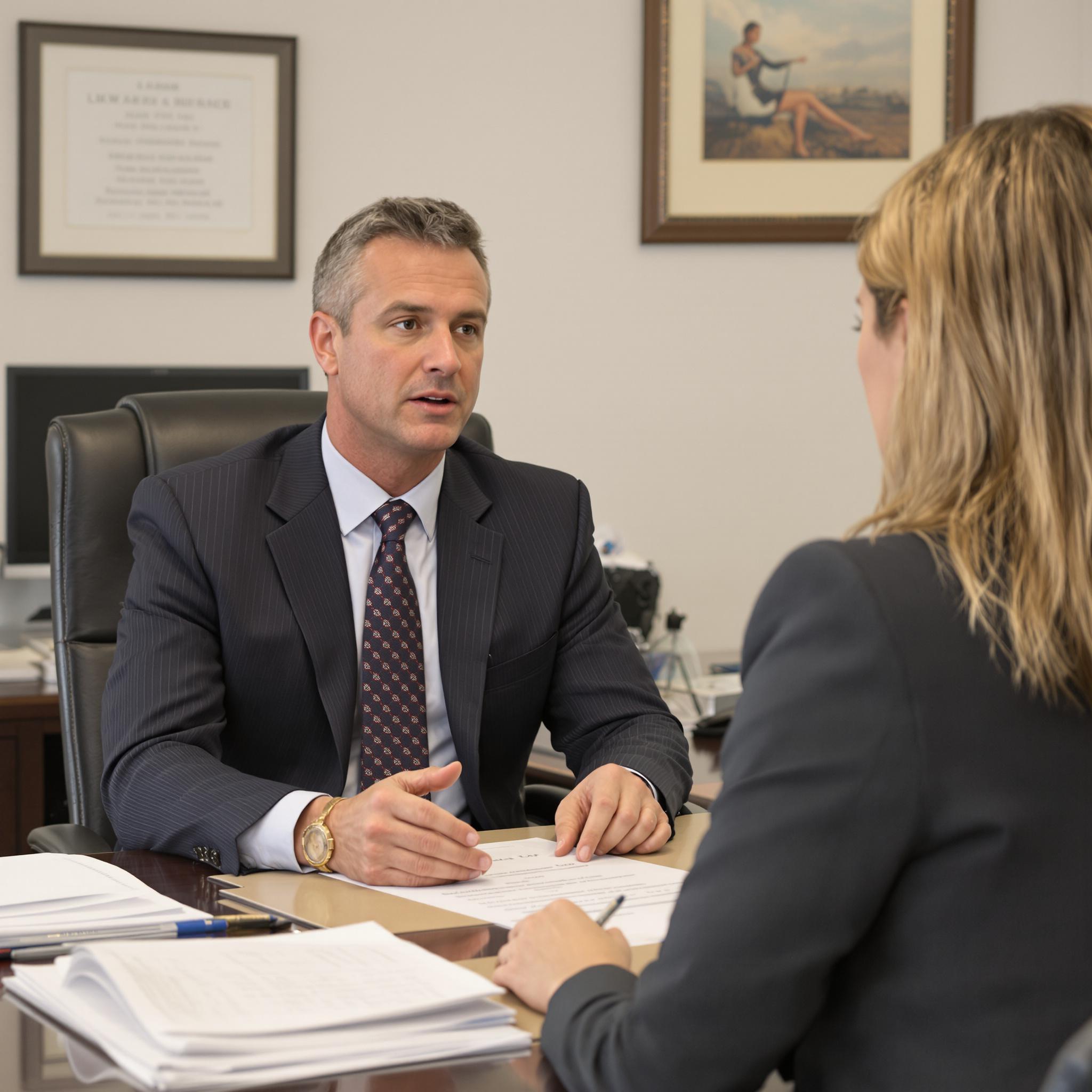 A family law attorney advises a concerned client on insurance matters in a professional office setting.