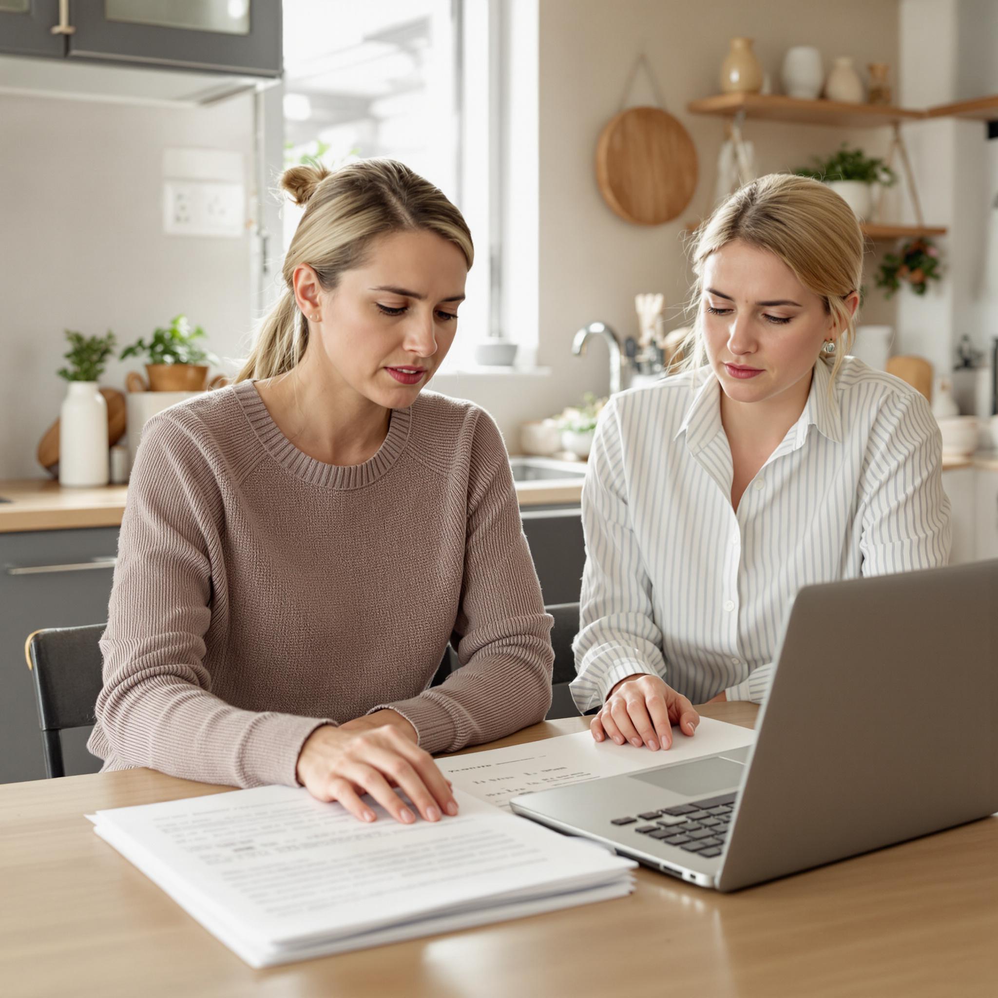 A woman reviews health insurance documents with a supportive friend at her kitchen table after divorce.