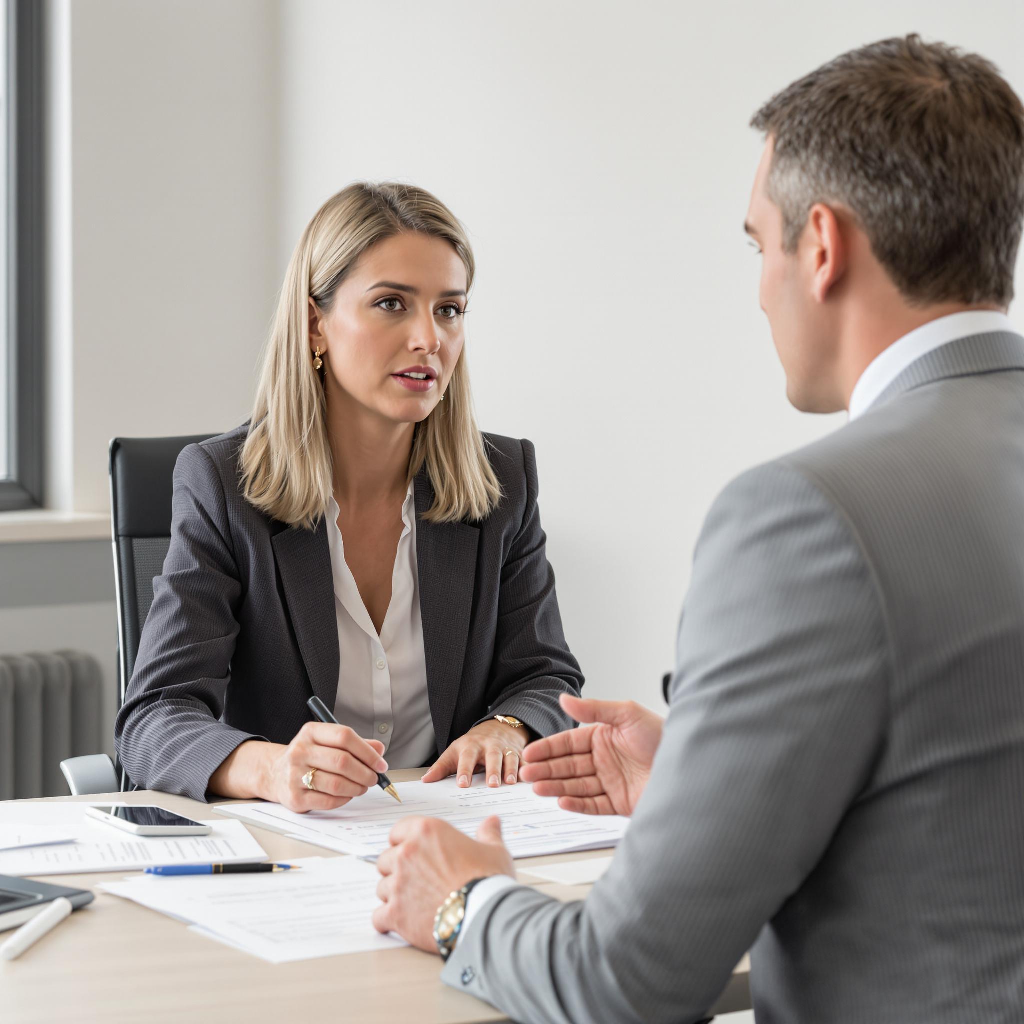 A woman consults with an insurance advisor in an office, reviewing health coverage options after divorce.