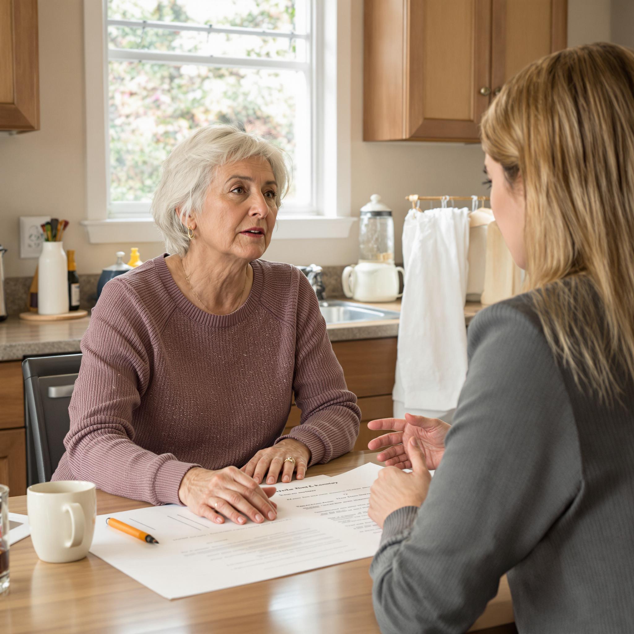 A middle-aged woman reviews Medicaid paperwork at a kitchen table with guidance from a younger woman offering support.