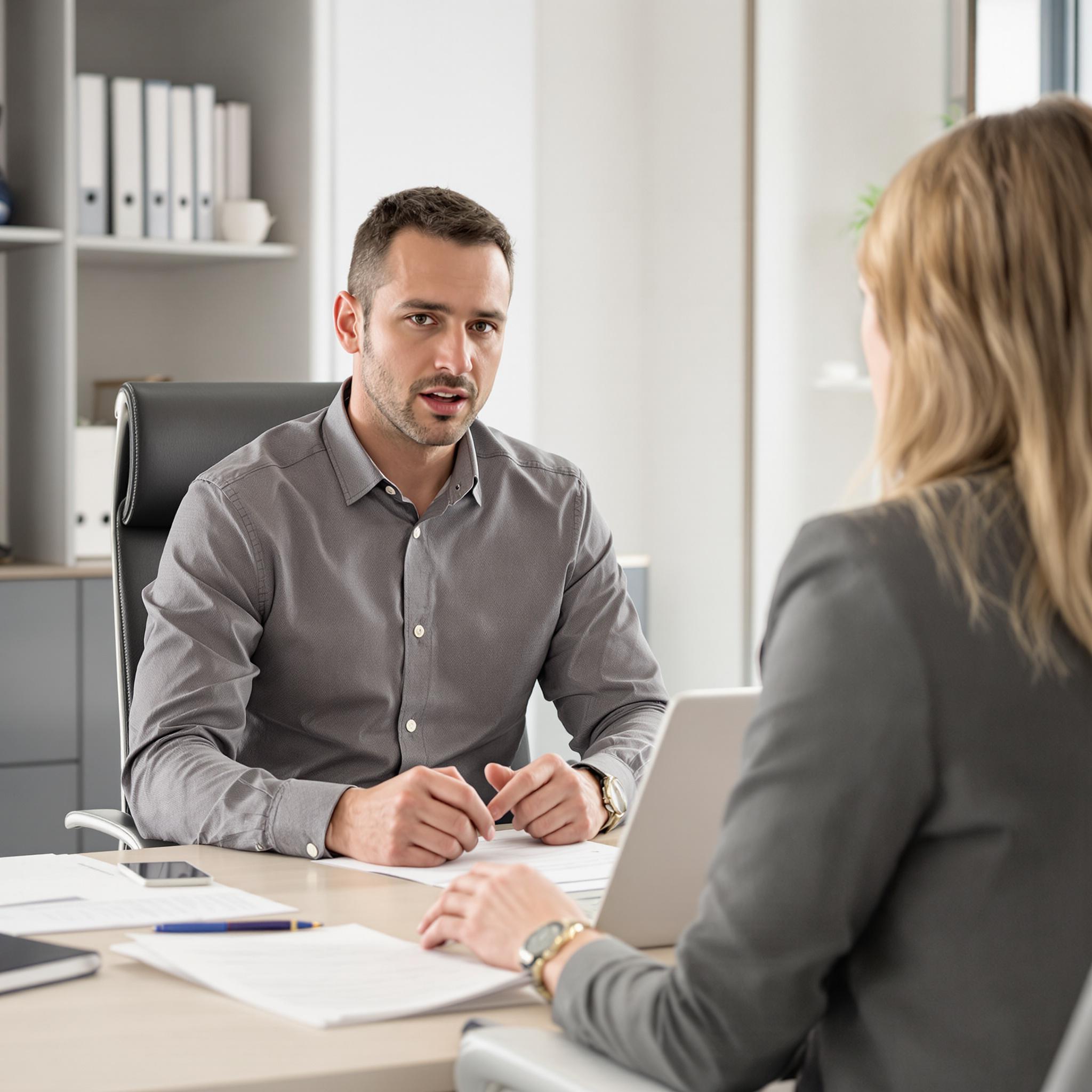 **Alt Text:** A male employee discusses personal challenges with an HR representative in a professional office setting.