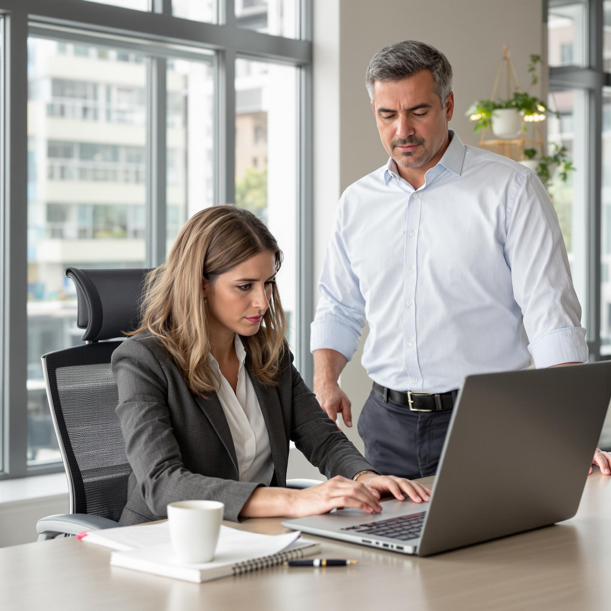 A woman sits at her office desk, focused on her laptop, while a male colleague stands nearby, offering a supportive presence.