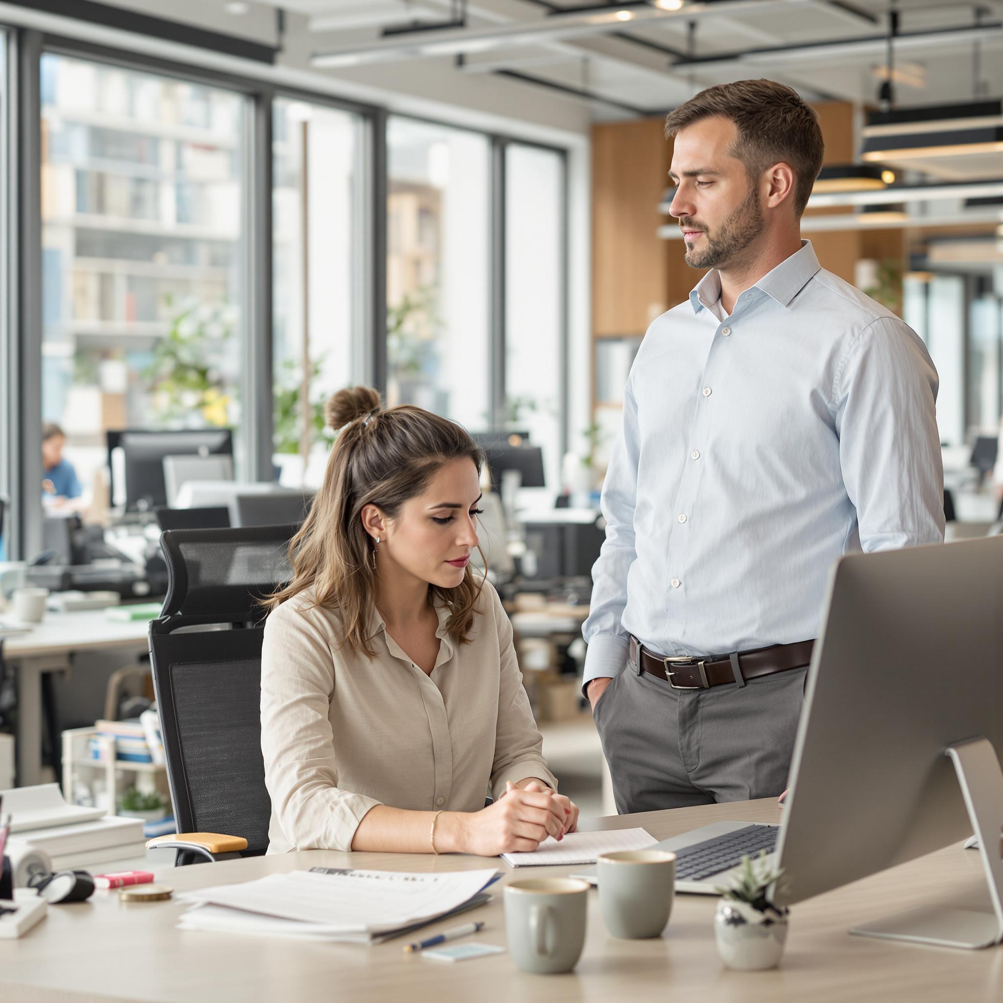 A professional woman pauses at her desk, reflecting, while a supportive colleague stands nearby in a modern office setting.