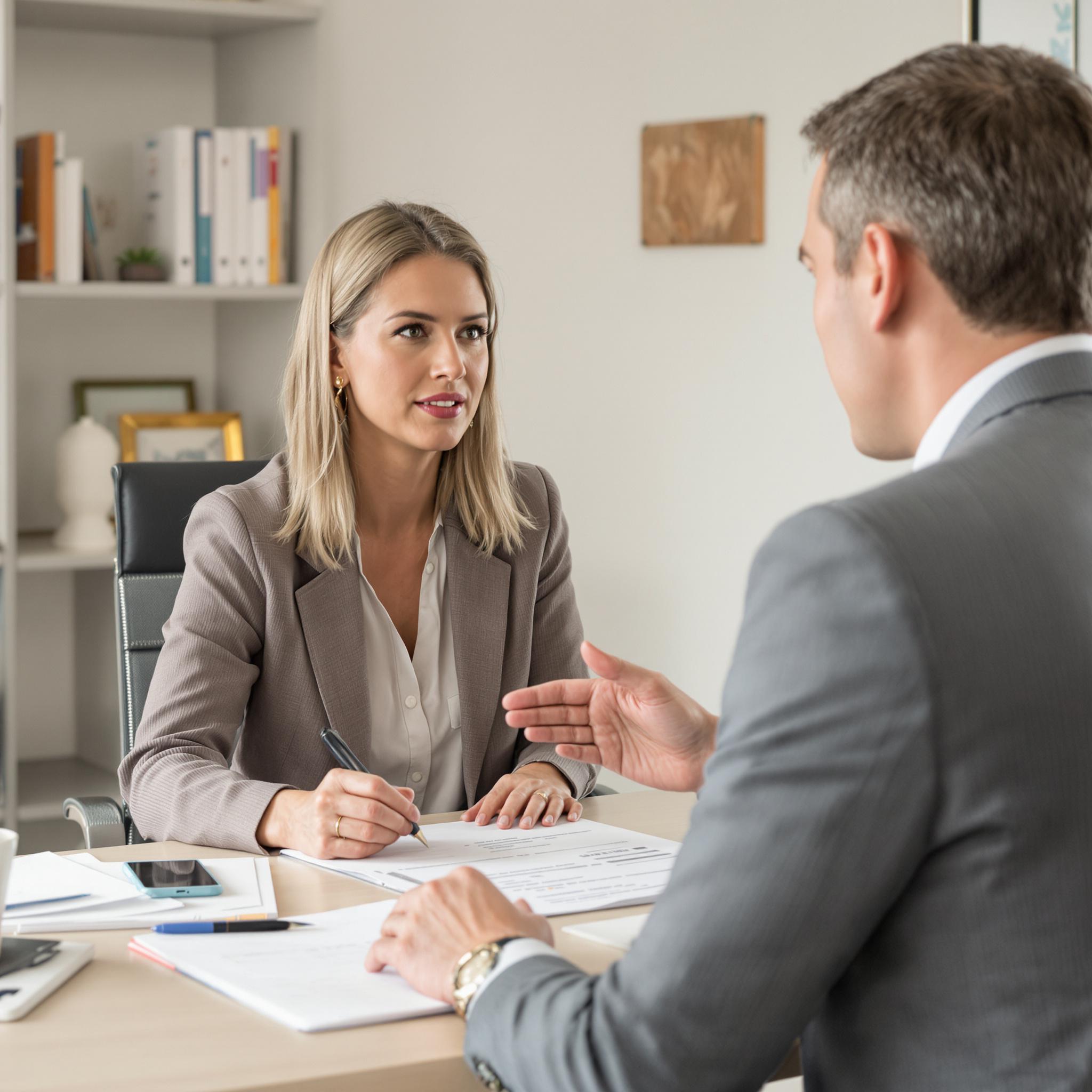 A woman reviews financial plans with a professional advisor in a well-lit home office, discussing career growth and financial stability.