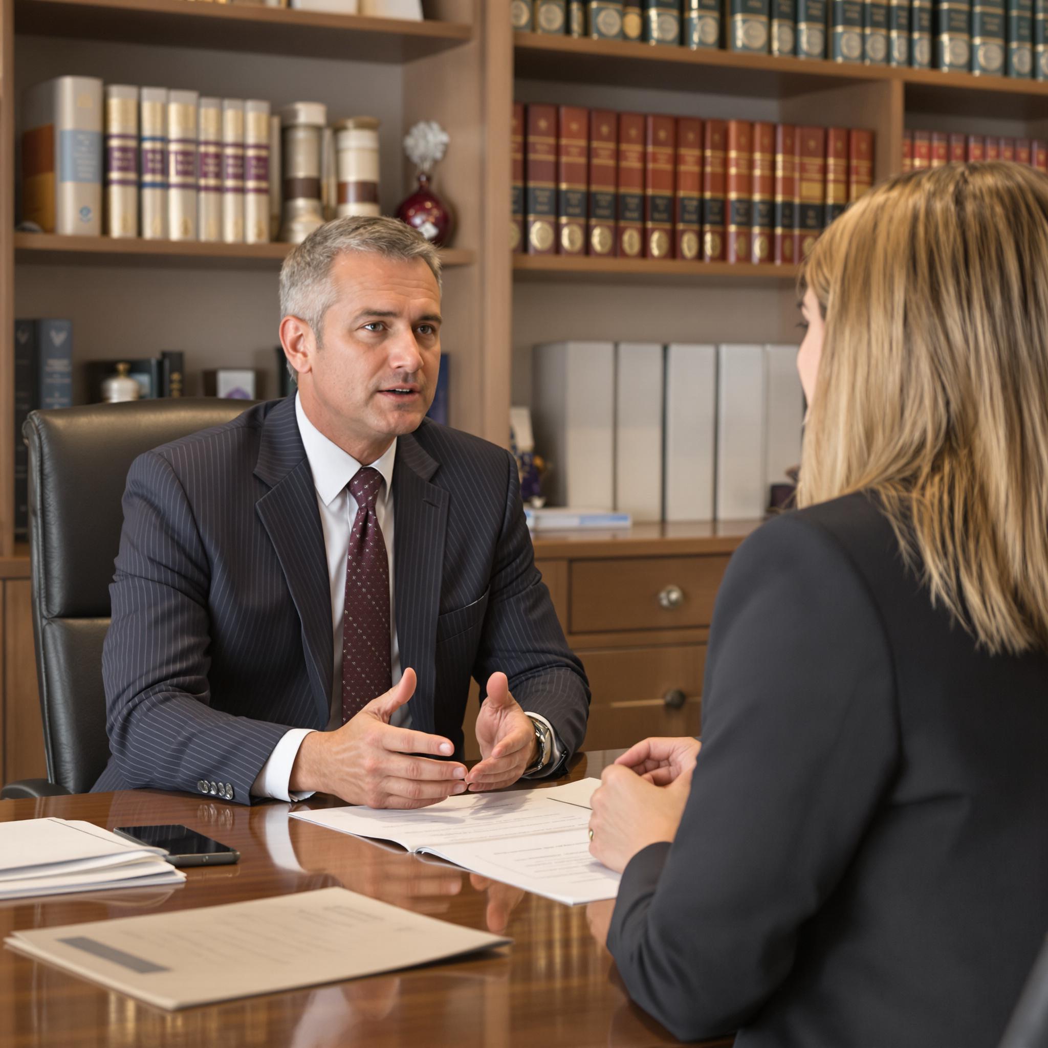 A family law attorney discusses annulment options with a concerned client in a professional office setting.