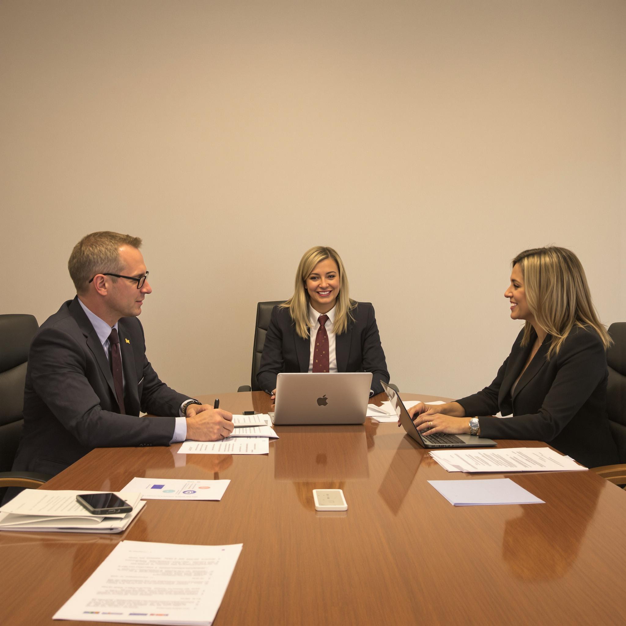 A serious male attorney reviews documents while his client’s ex-spouse and her lawyer sit closely, chatting casually in a tense meeting.