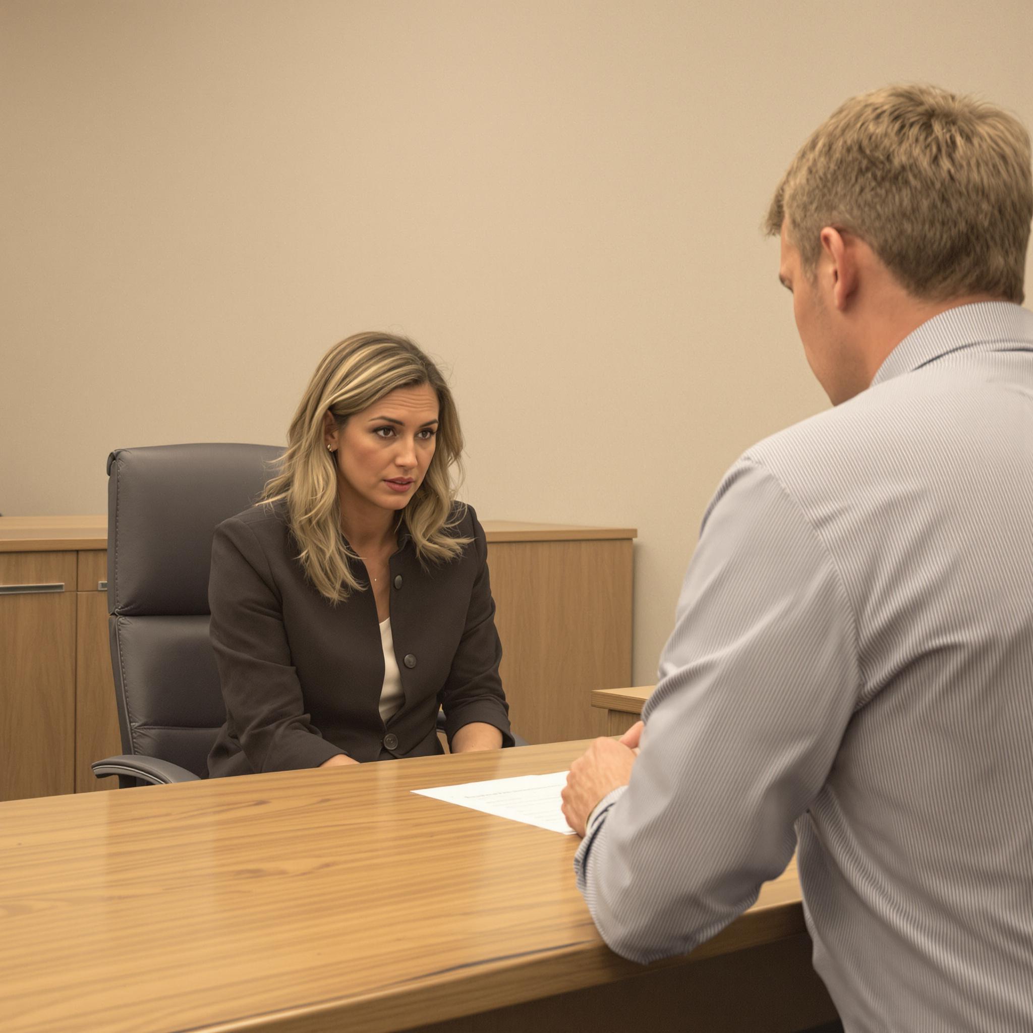 Divorcing couple seated at a mediation table in a neutral courtroom, calmly reviewing documents in a professional setting.