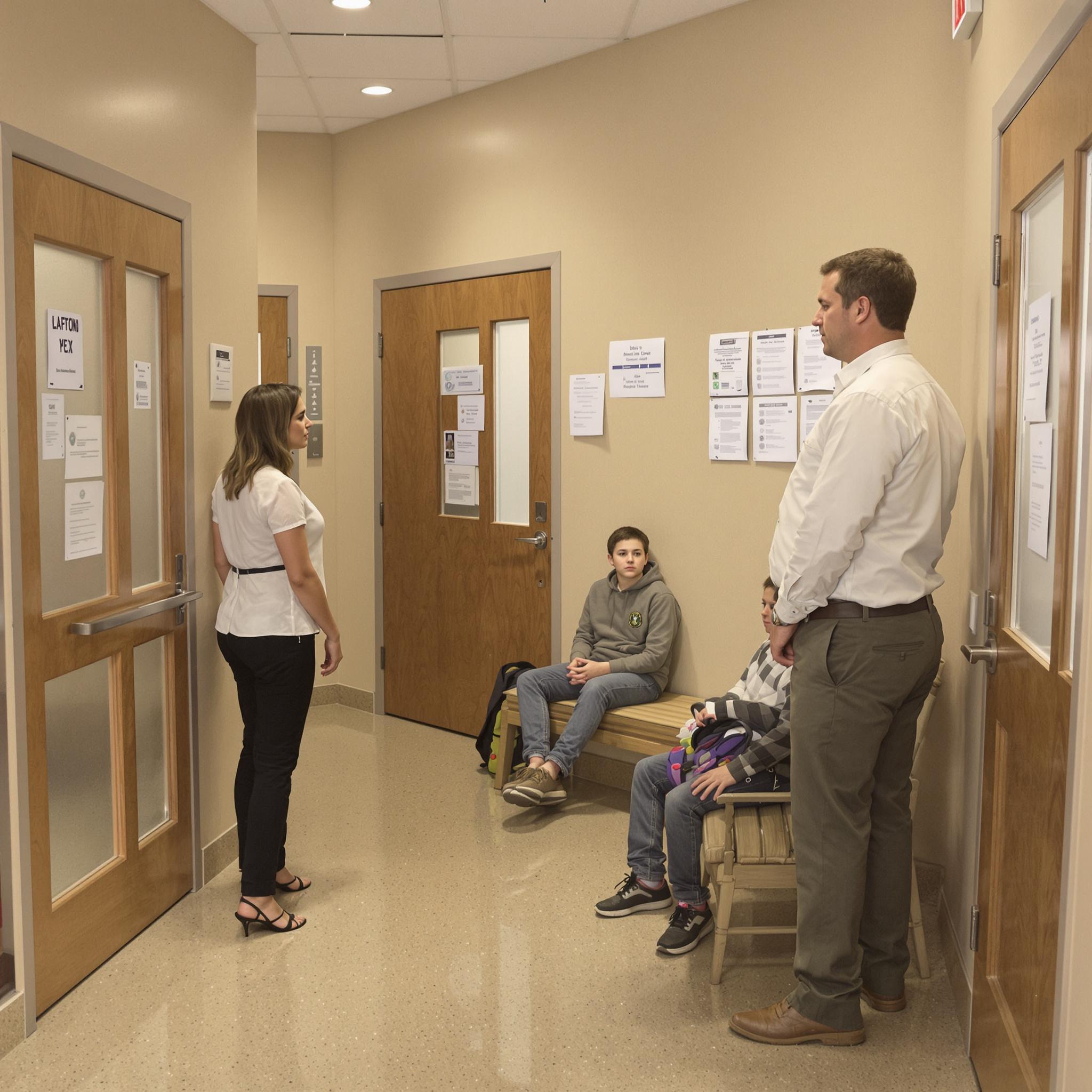 Divorced parents stand apart in a courthouse hallway as their young son sits quietly between them, holding a toy.