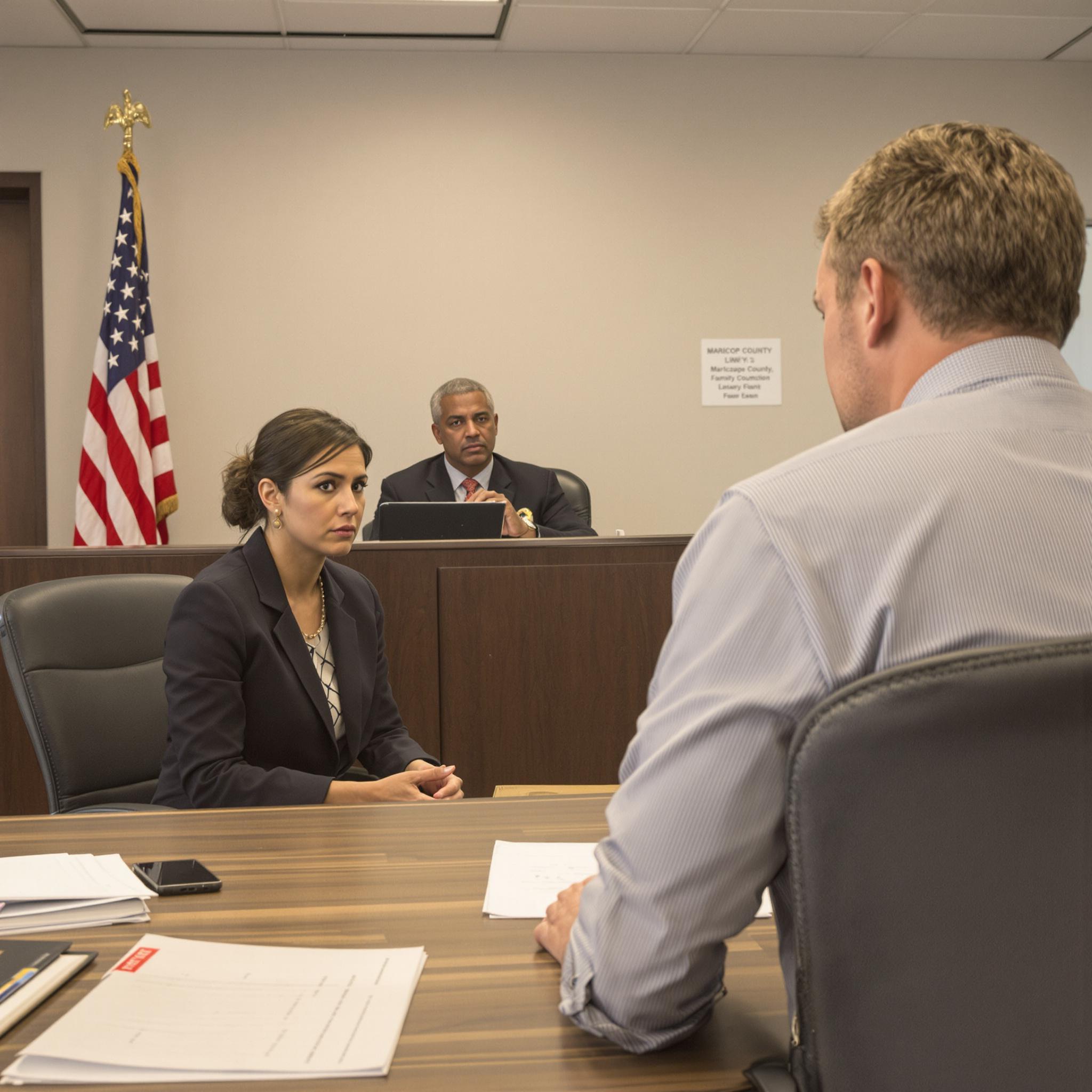Mother and father sit across a table in court, tense and focused, during a custody dispute over relocation.