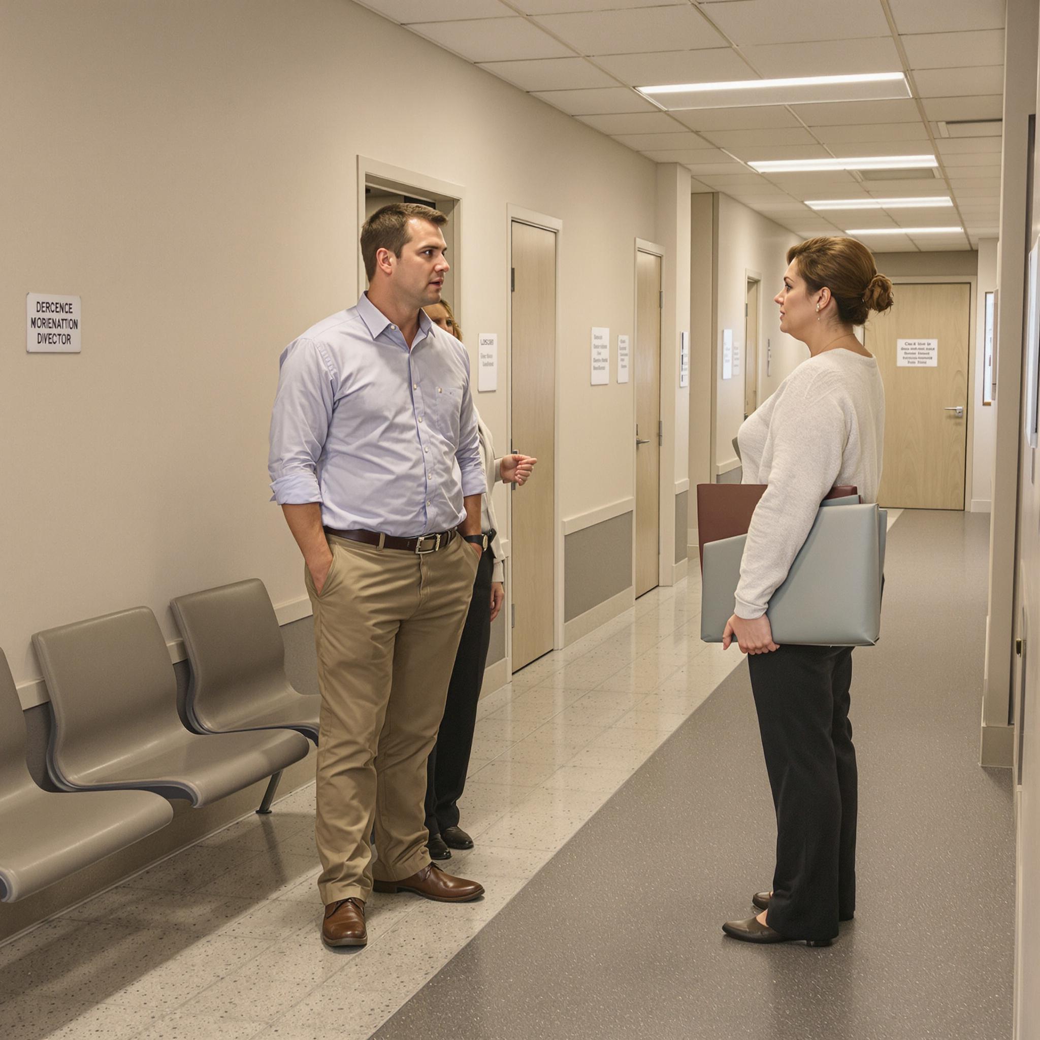Two former spouses converse seriously in a quiet courthouse hallway amid a spousal maintenance dispute.