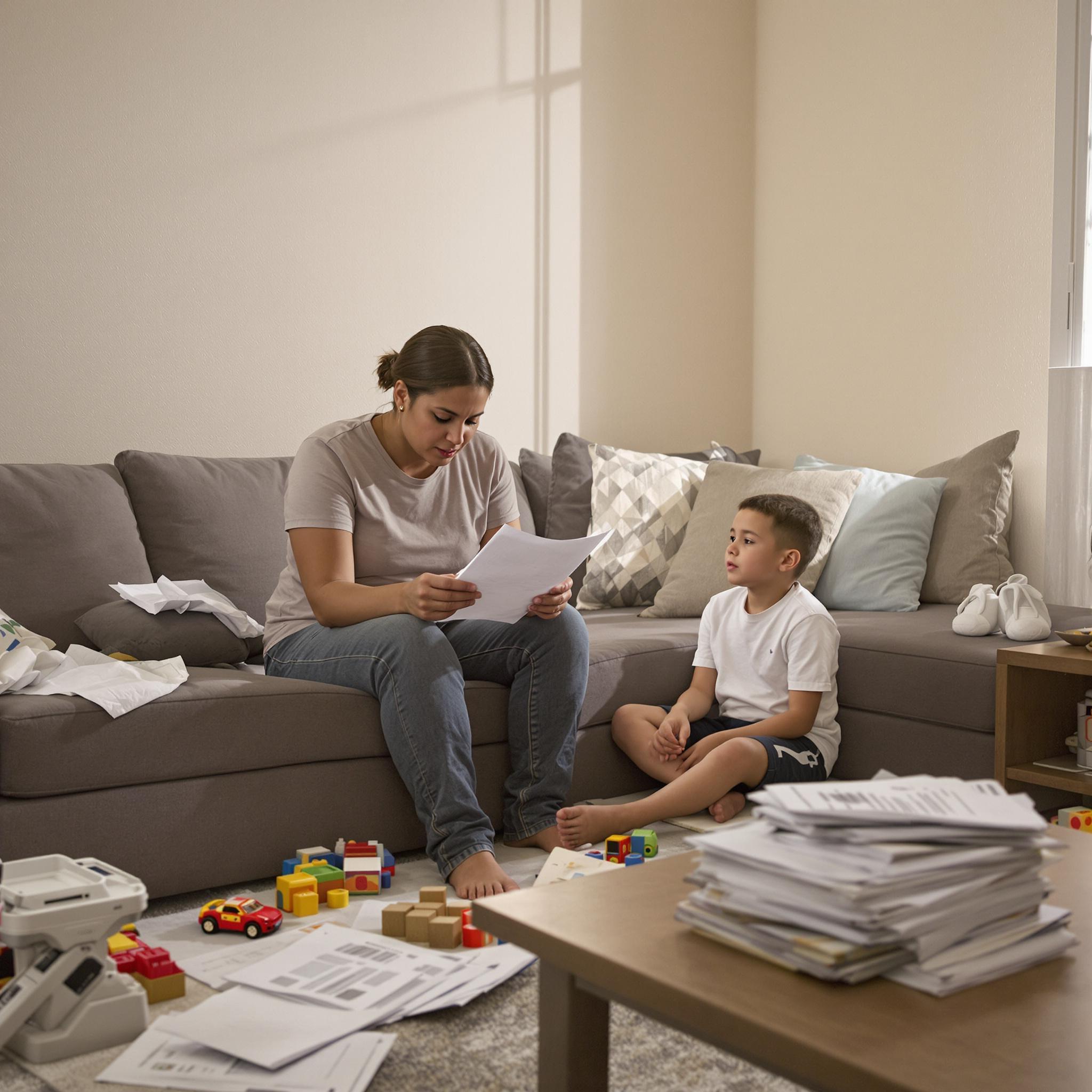 A concerned mother reviews a bill on the couch as her young son plays nearby in a modest, sunlit living room.