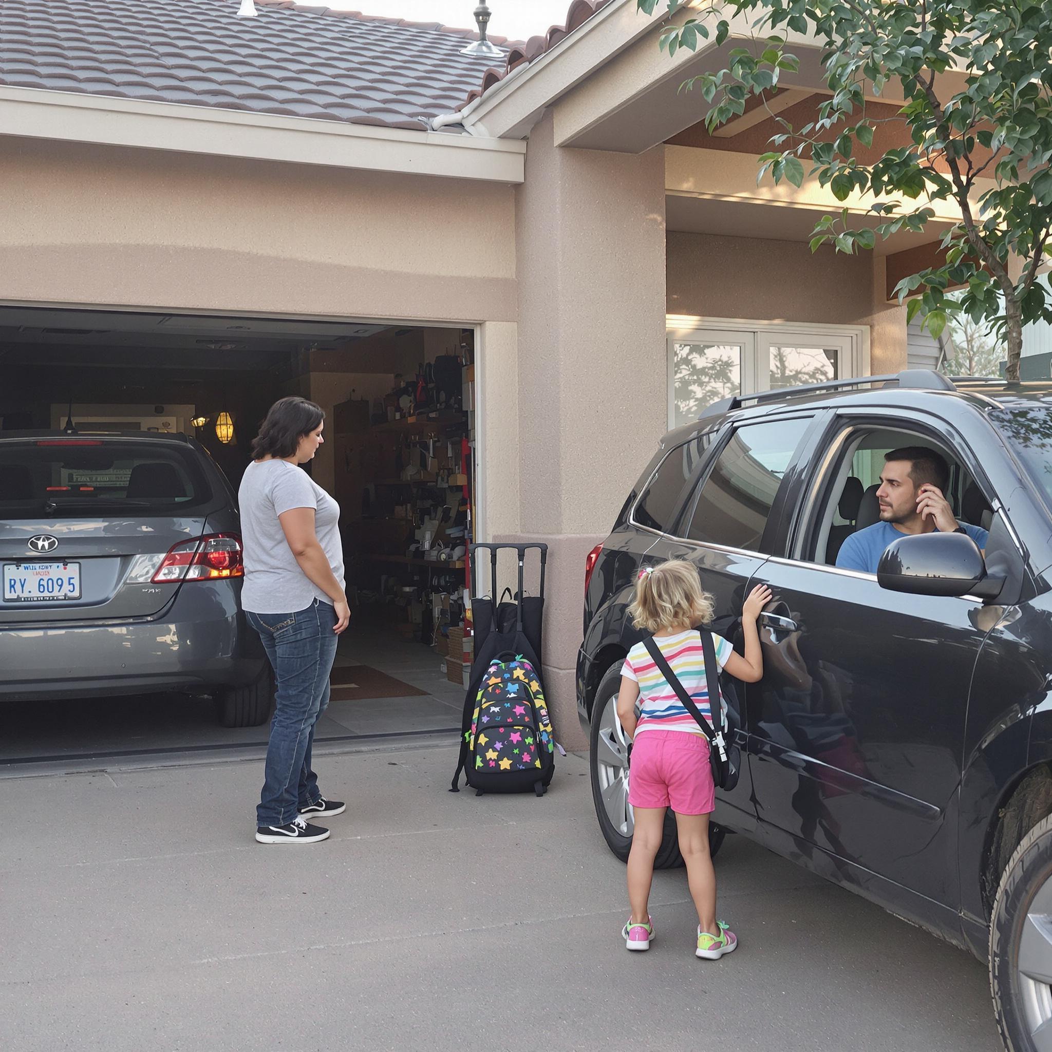 Tense custody exchange outside suburban home; mother and daughter wait on porch as father stays in car, avoiding interaction.