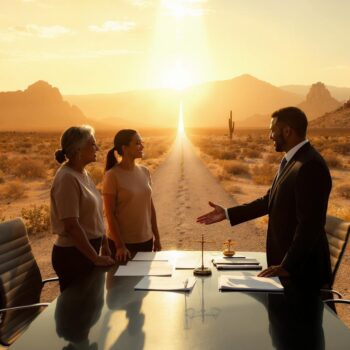 Hopeful Arizona divorce outcome: parents and attorney plan calmly at table, desert sunset behind, path leads toward brighter future.