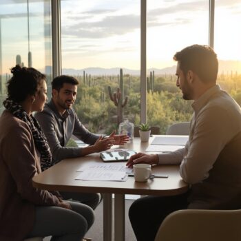 Hopeful divorcing couple and mediator sit in a calm, sunlit room with papers and a tablet, Arizona desert seen through window.