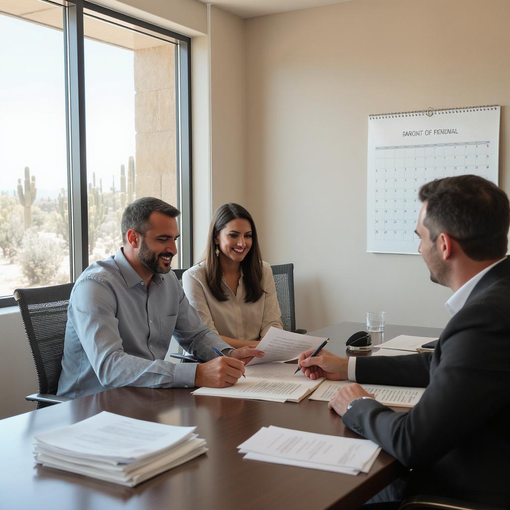 Calm Arizona conference room where a couple signs divorce papers with a mediator, showing cooperation, relief, and a smooth resolution.