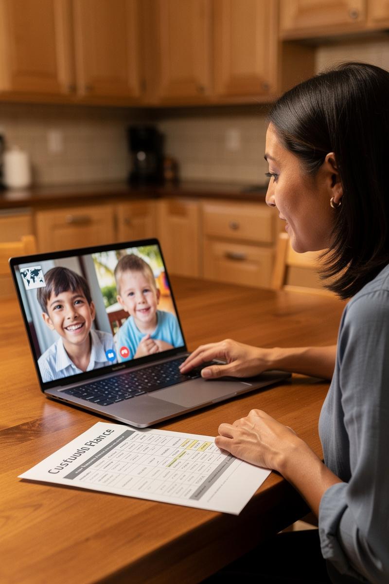 Across-Borders-Close-at-Heart Parent reviews custody plan at kitchen table while on a video call with children abroad, screen reads