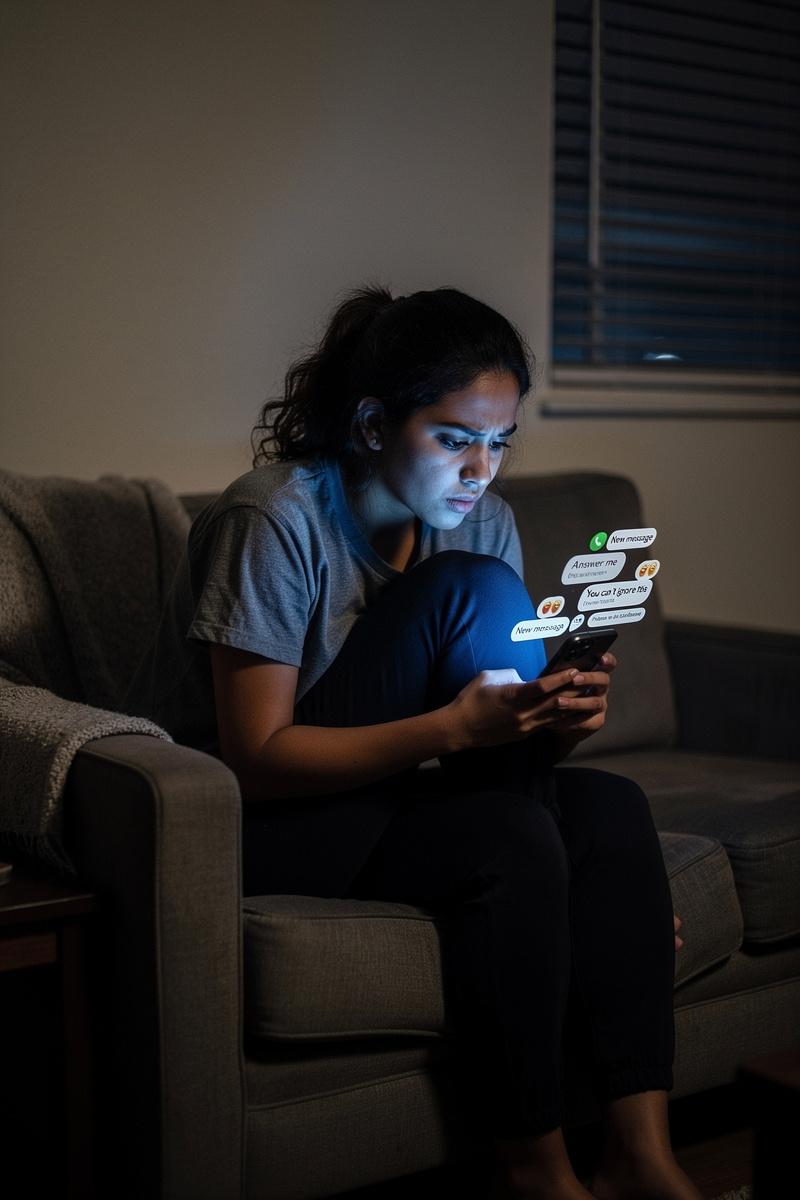 Young woman curled on couch, lit by glowing phone filled with notifications, expression tense and exhausted in dim apartment.
