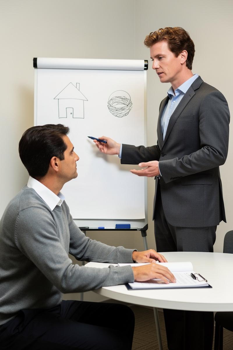 Balancing-the-Future-Legal-Strategy-in-Progress Attorney explains home vs. retirement trade-offs on whiteboard to a thoughtful client during a calm strategy meeting in a modern office.