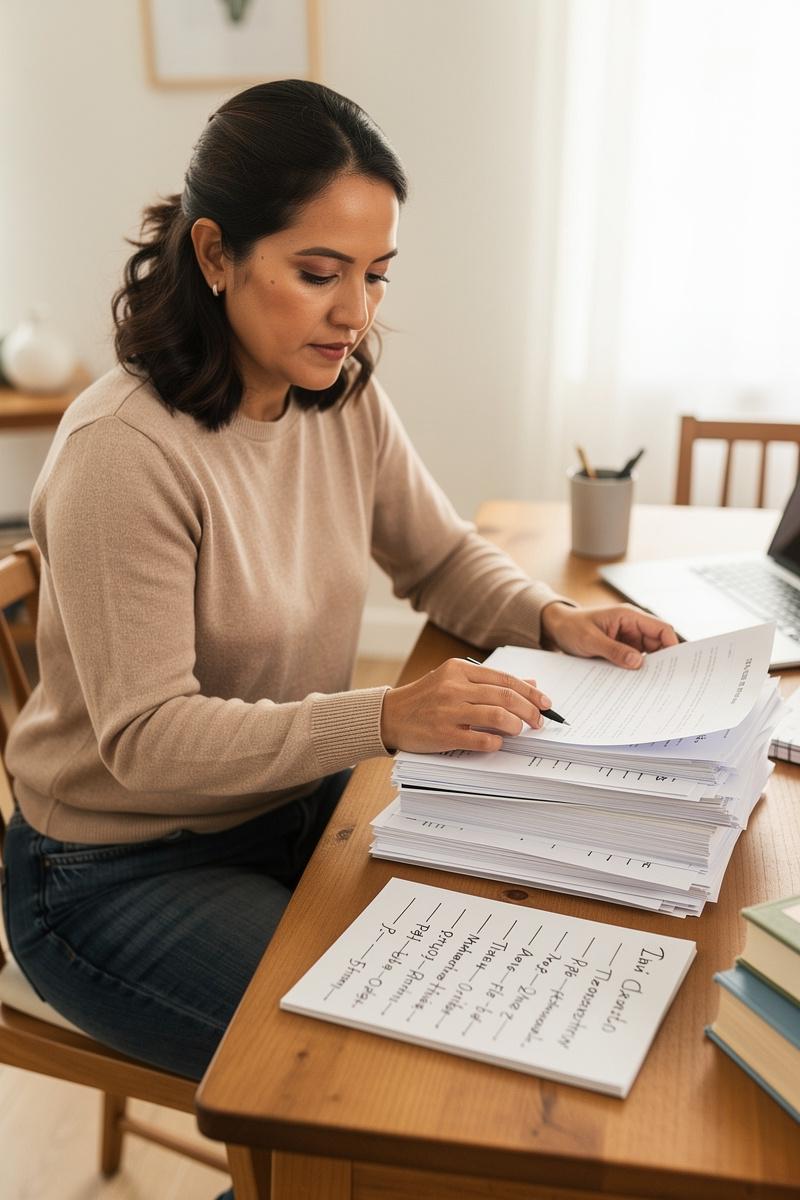 Calm-in-the-Details Divorcing parent calmly reviews organized financial papers at a tidy table, referencing a handwritten timeline in natural daylight.