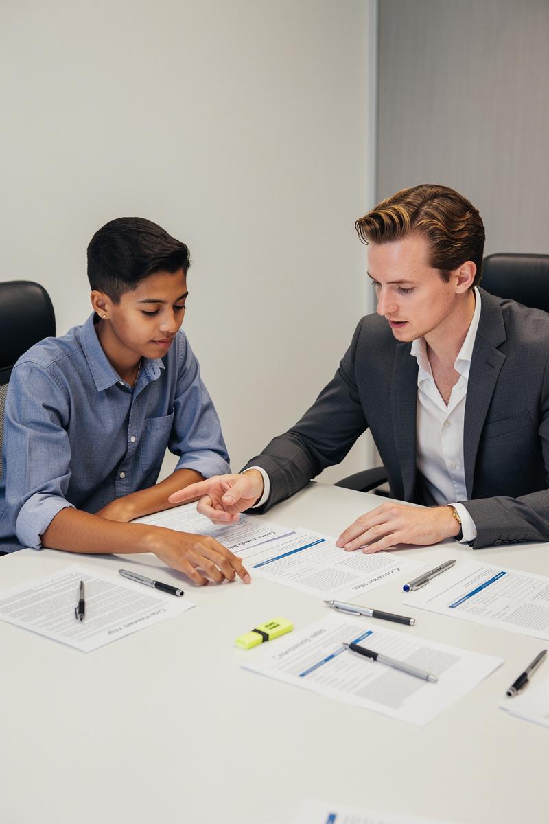 Attorney and client review legal strategy sheets at a clean table, both gesturing toward documents in a calm, focused office setting.