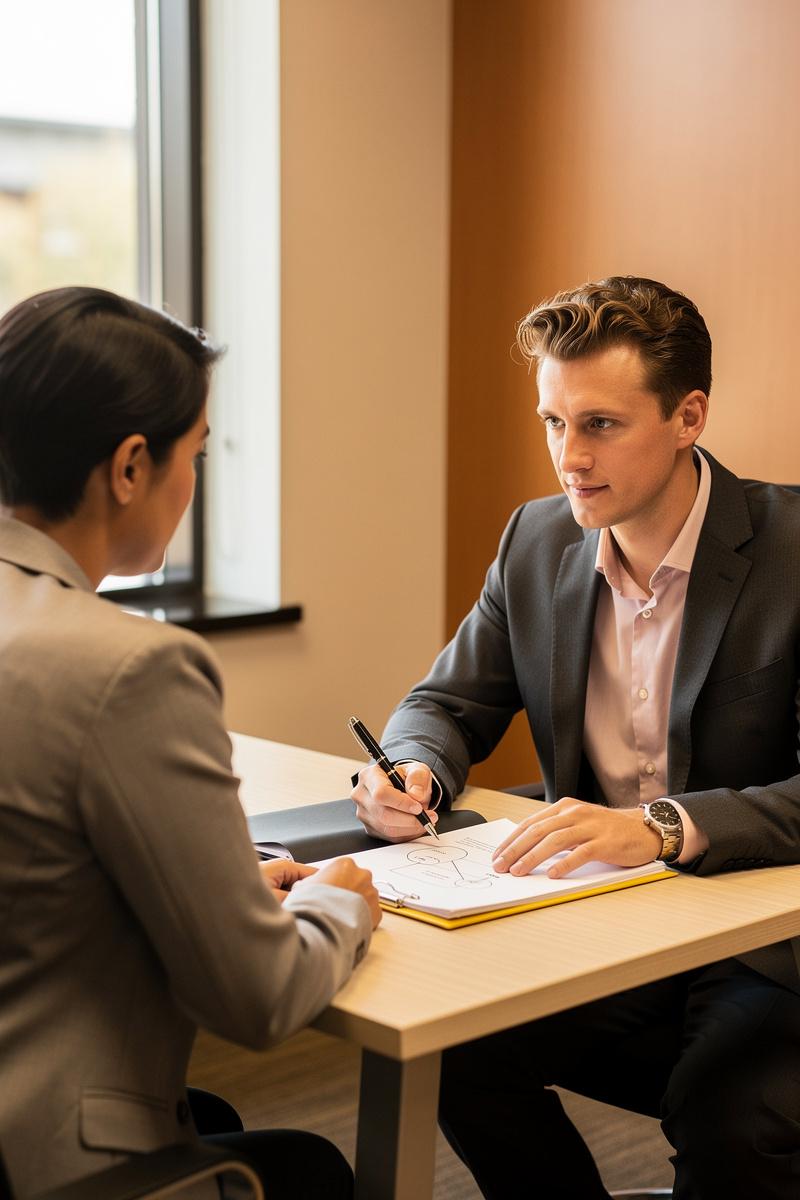 Attorney and client review family law documents in a warm Tempe office, leaning toward a legal pad and folder under soft afternoon light.