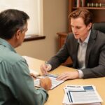 An attorney calmly explains retirement documents to a relaxed client in a sunlit Arizona law office conference room.