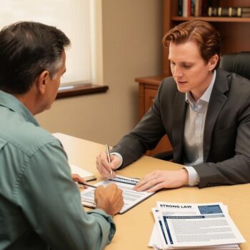 An attorney calmly explains retirement documents to a relaxed client in a sunlit Arizona law office conference room.