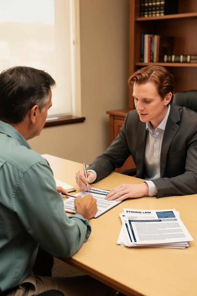 Clarity-in-Counsel-Planning-Retirement-with-Confidence An attorney calmly explains retirement documents to a relaxed client in a sunlit Arizona law office conference room.