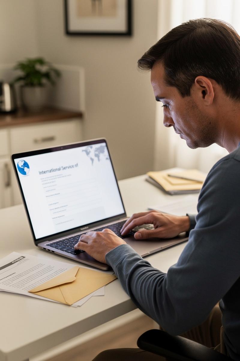 Cross-Border-Divorce-Prep-Navigating-the-Paper-Trail Person reviews laptop form titled “International Service of Divorce Papers,” with legal documents and passport on a home desk.
