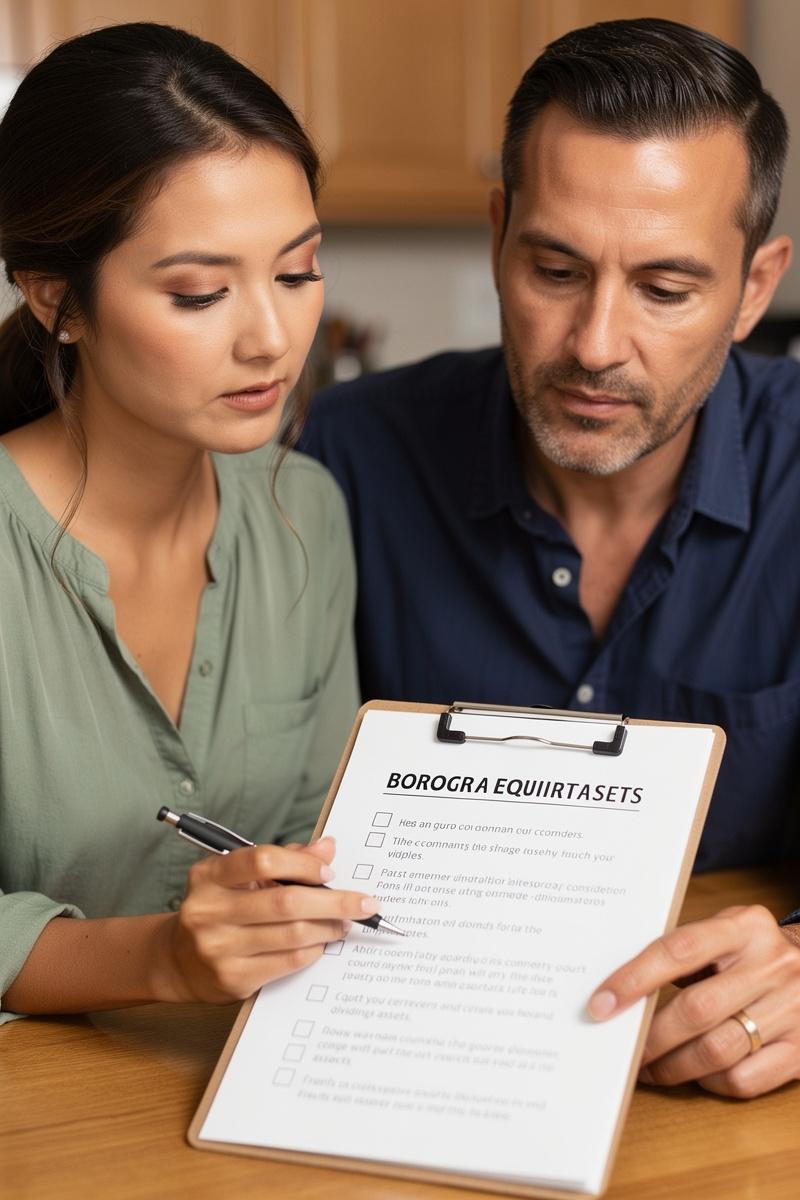 Dividing-Fairly-A-Calm-Look-at-What-Matters-Most Divorcing couple calmly reviews an “Asset Division Factors” checklist at their kitchen table, with financial items nearby.