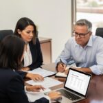 Divorcing couple meets with attorney in Arizona office, reviewing retirement documents and laptop labeled “Arizona Divorce & Retirement Taxes.”