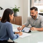 Divorcing couple reviews Arizona asset division with attorney; tablet shows labeled bars under "Arizona Asset Division" title.